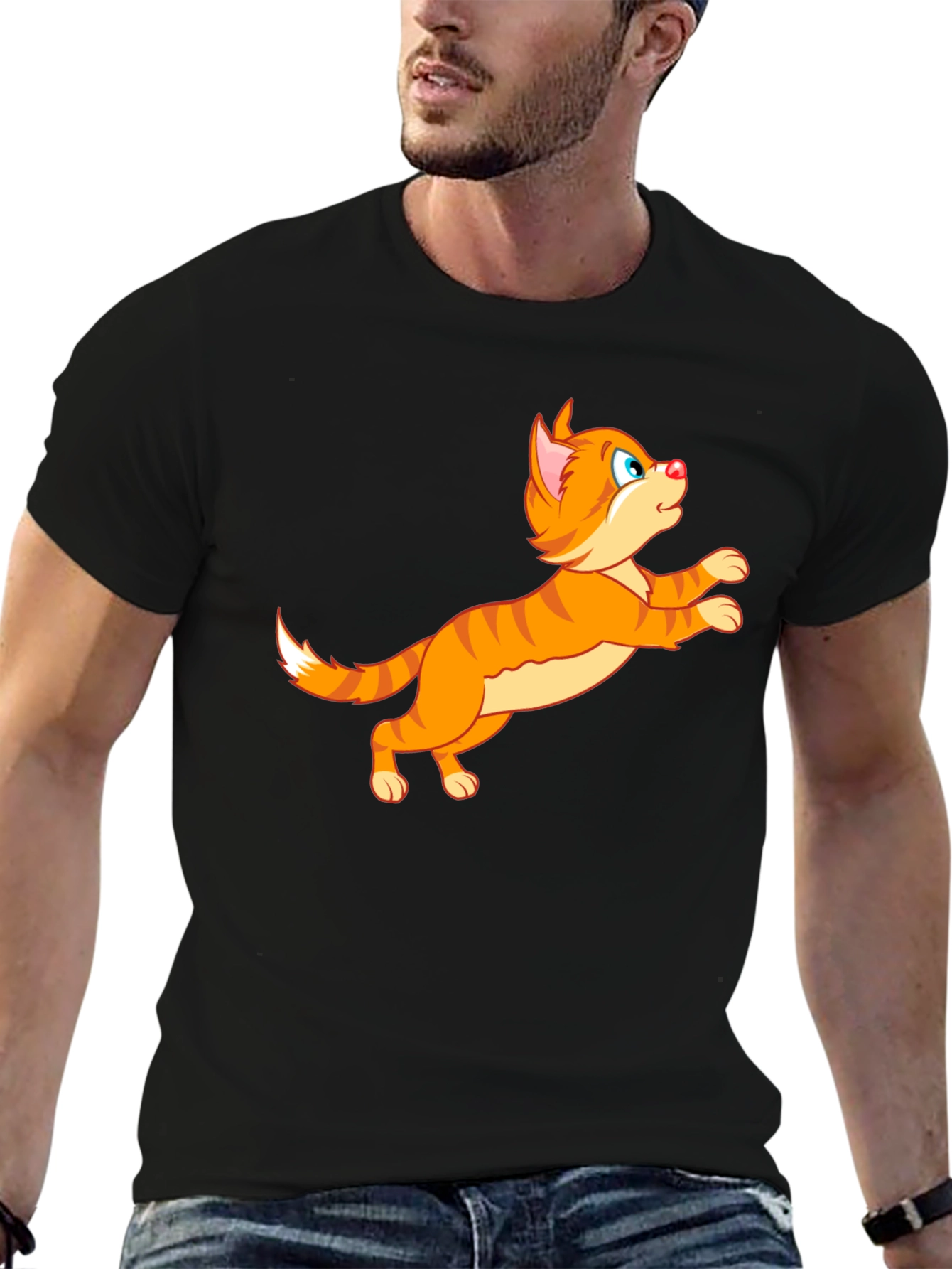 Cartoon Cat Graphic Tee - Playful Black T-Shirt