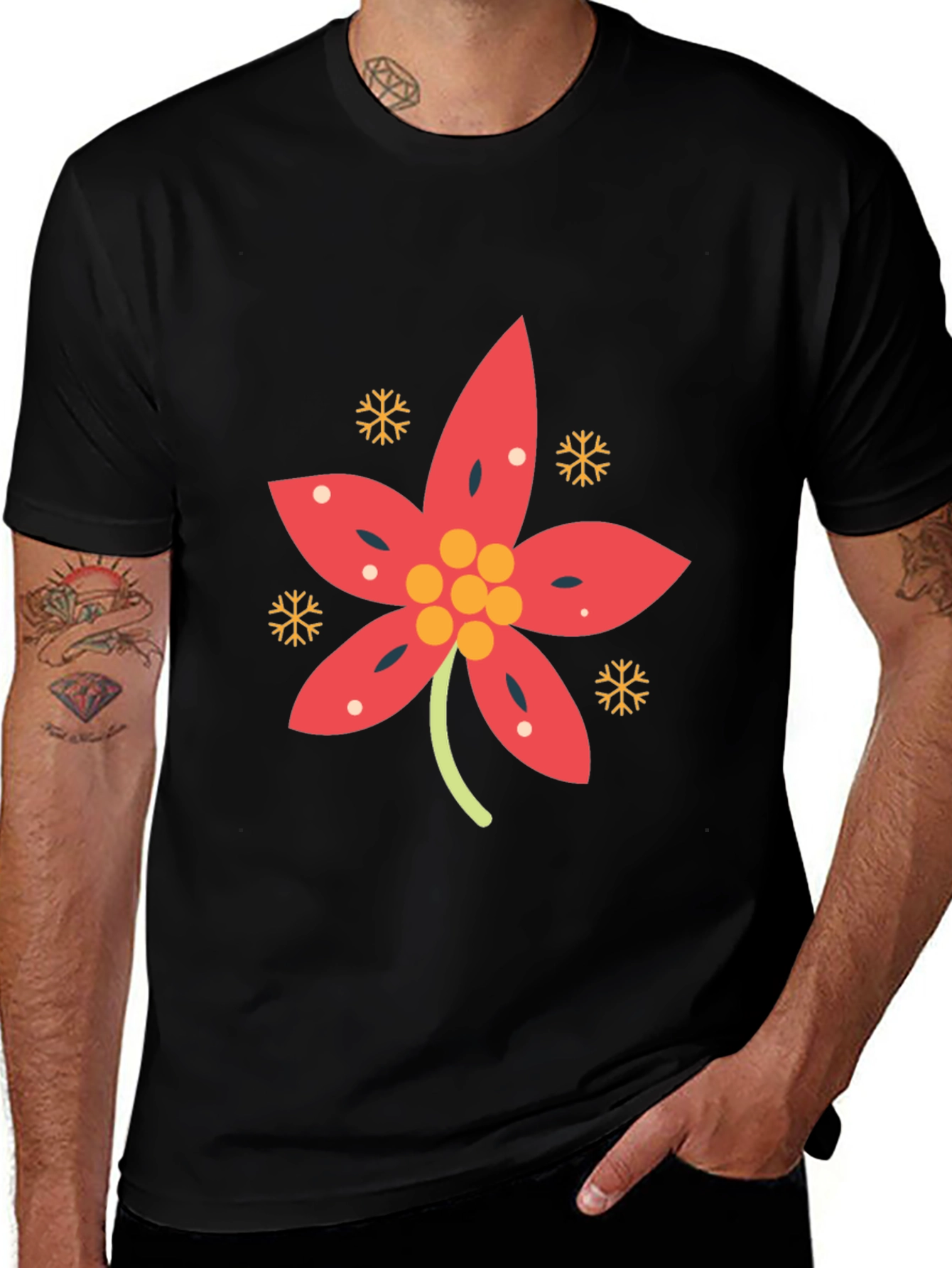 Festive Poinsettia Black T-Shirt