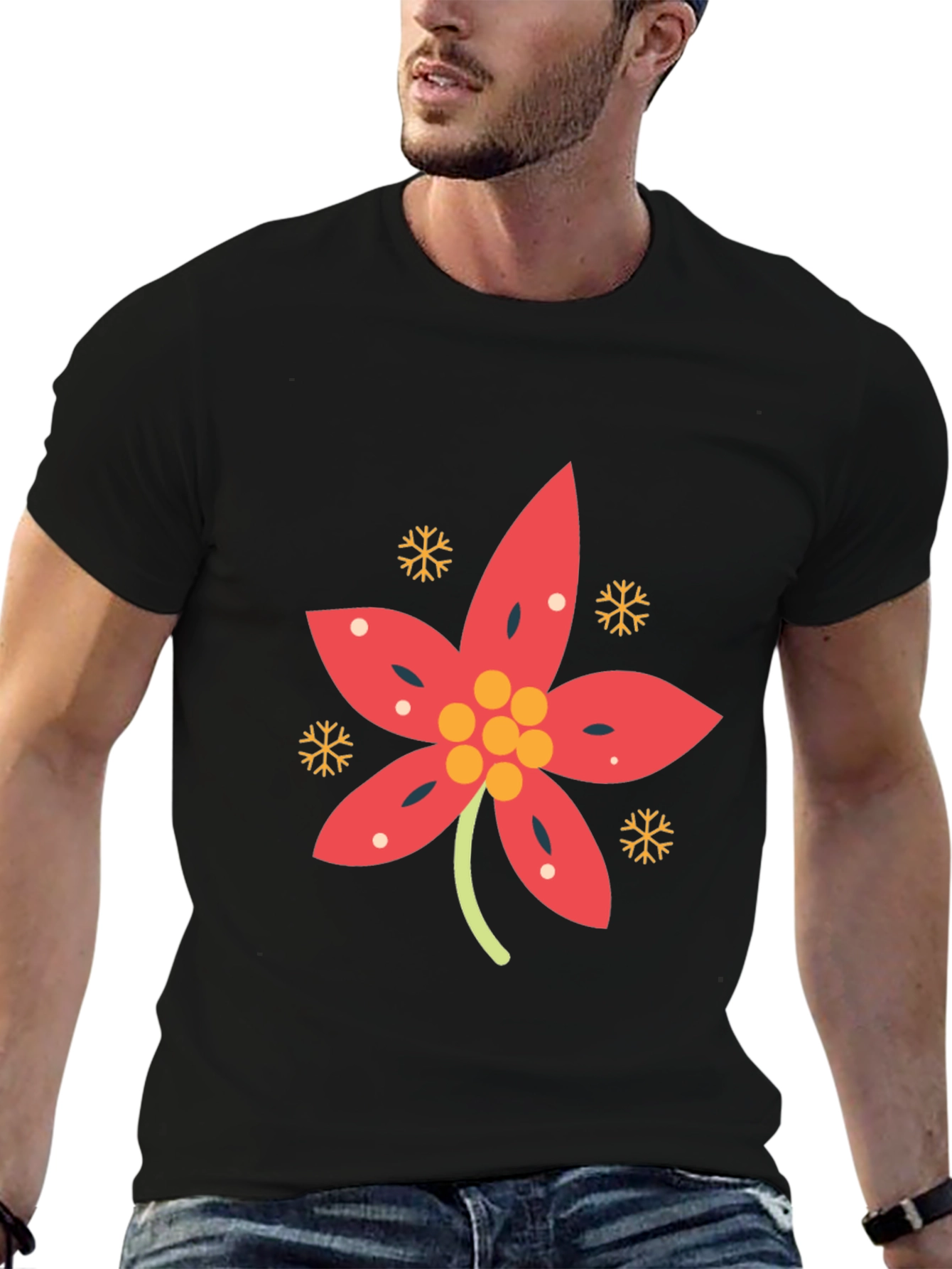 Festive Poinsettia Black T-Shirt