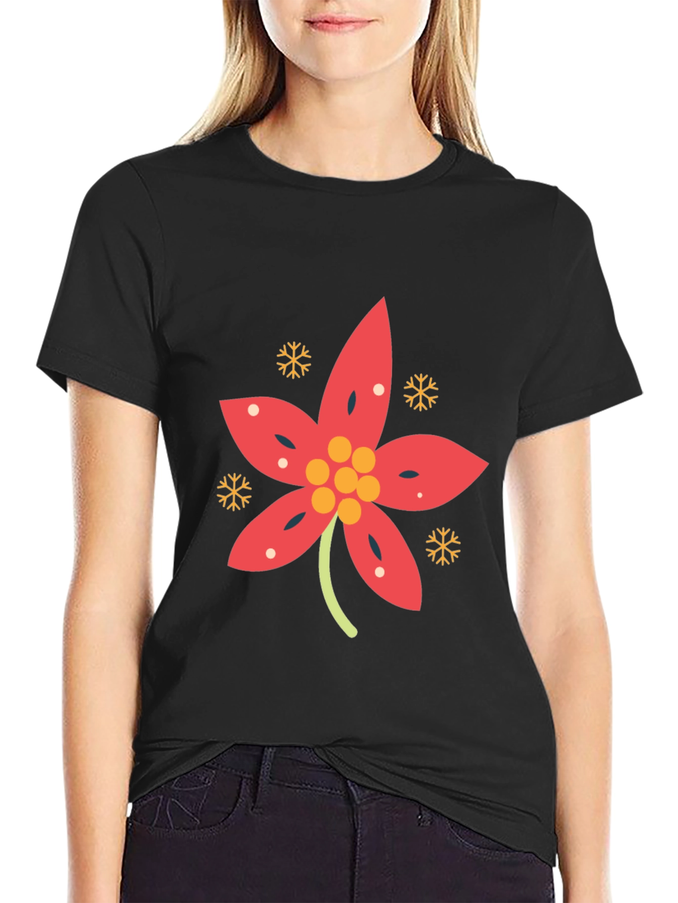 Festive Poinsettia Black T-Shirt