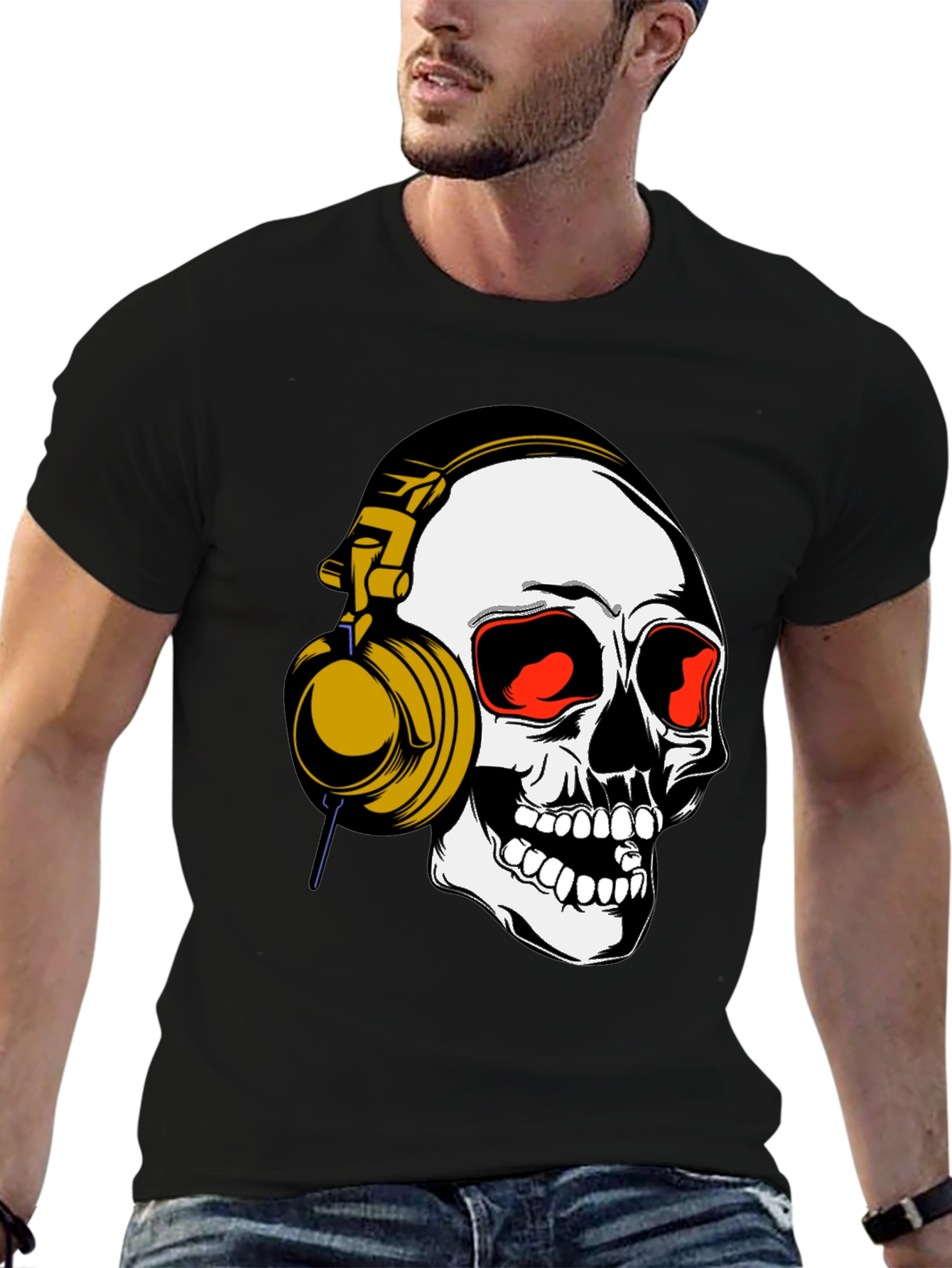 Skull Headphones Graphic Tee - Black Cotton Blend