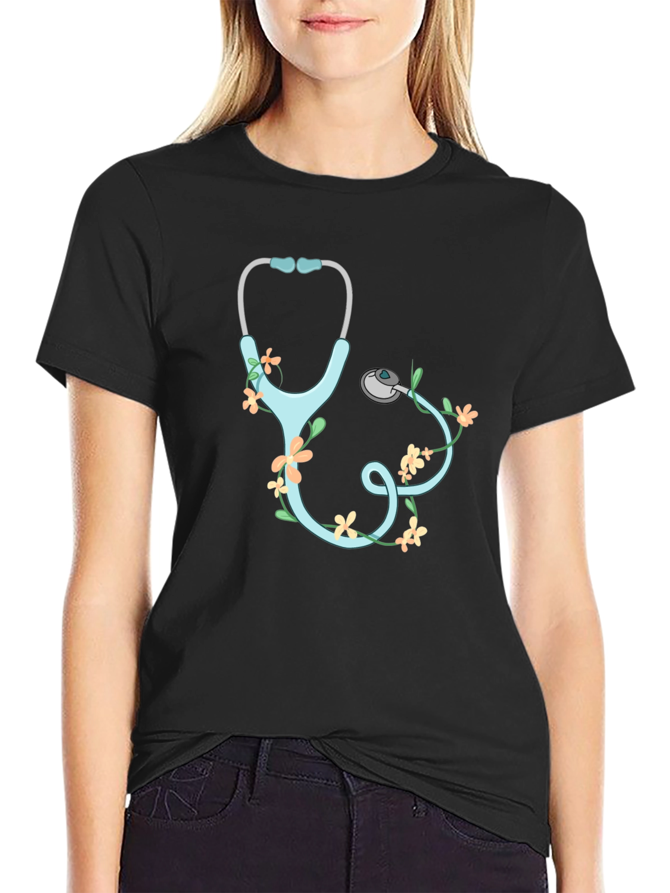Floral Stethoscope Graphic T-Shirt - Black