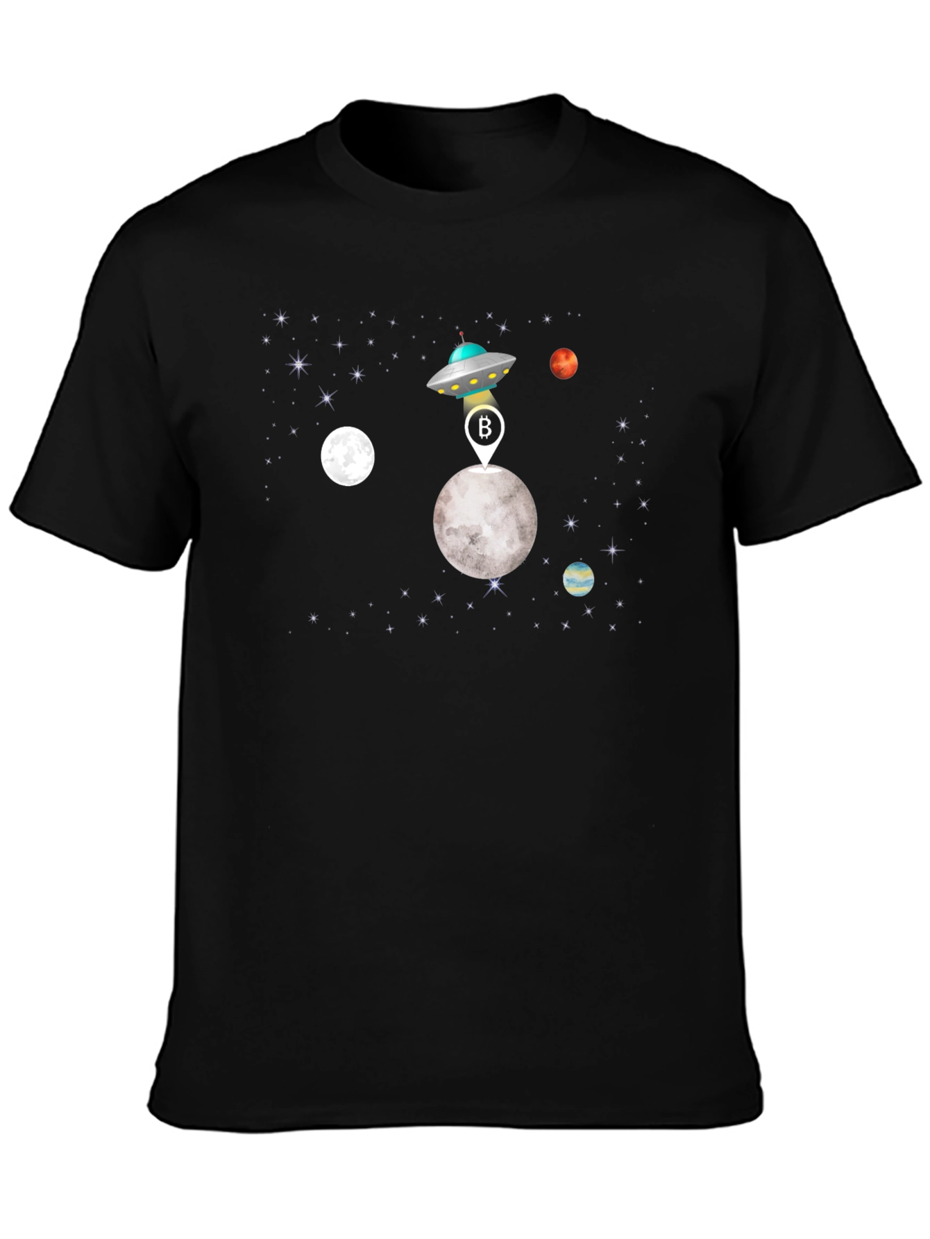 Bitcoin UFO Moon Landing Black T-Shirt