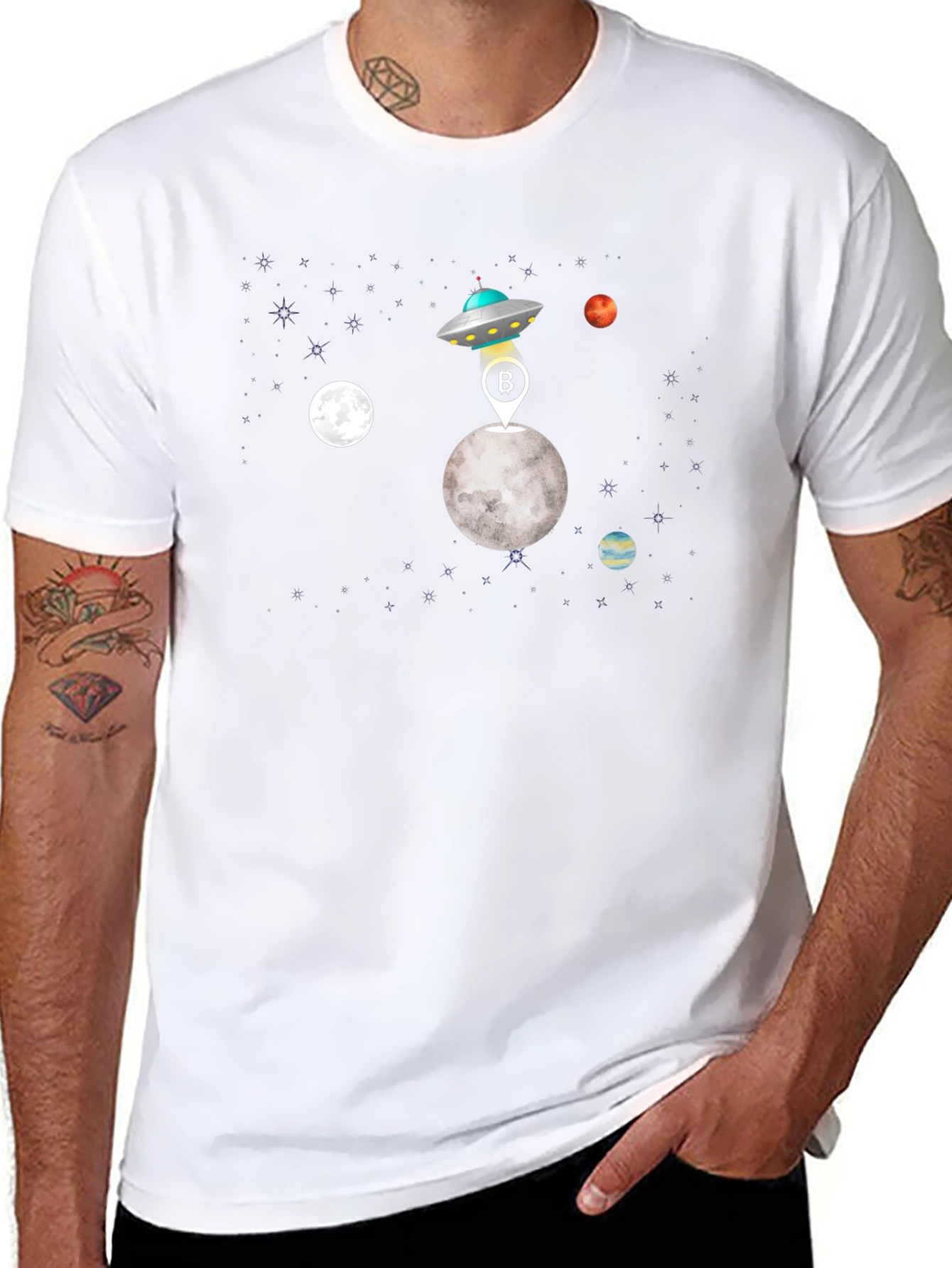 Bitcoin UFO Moon Landing Black T-Shirt