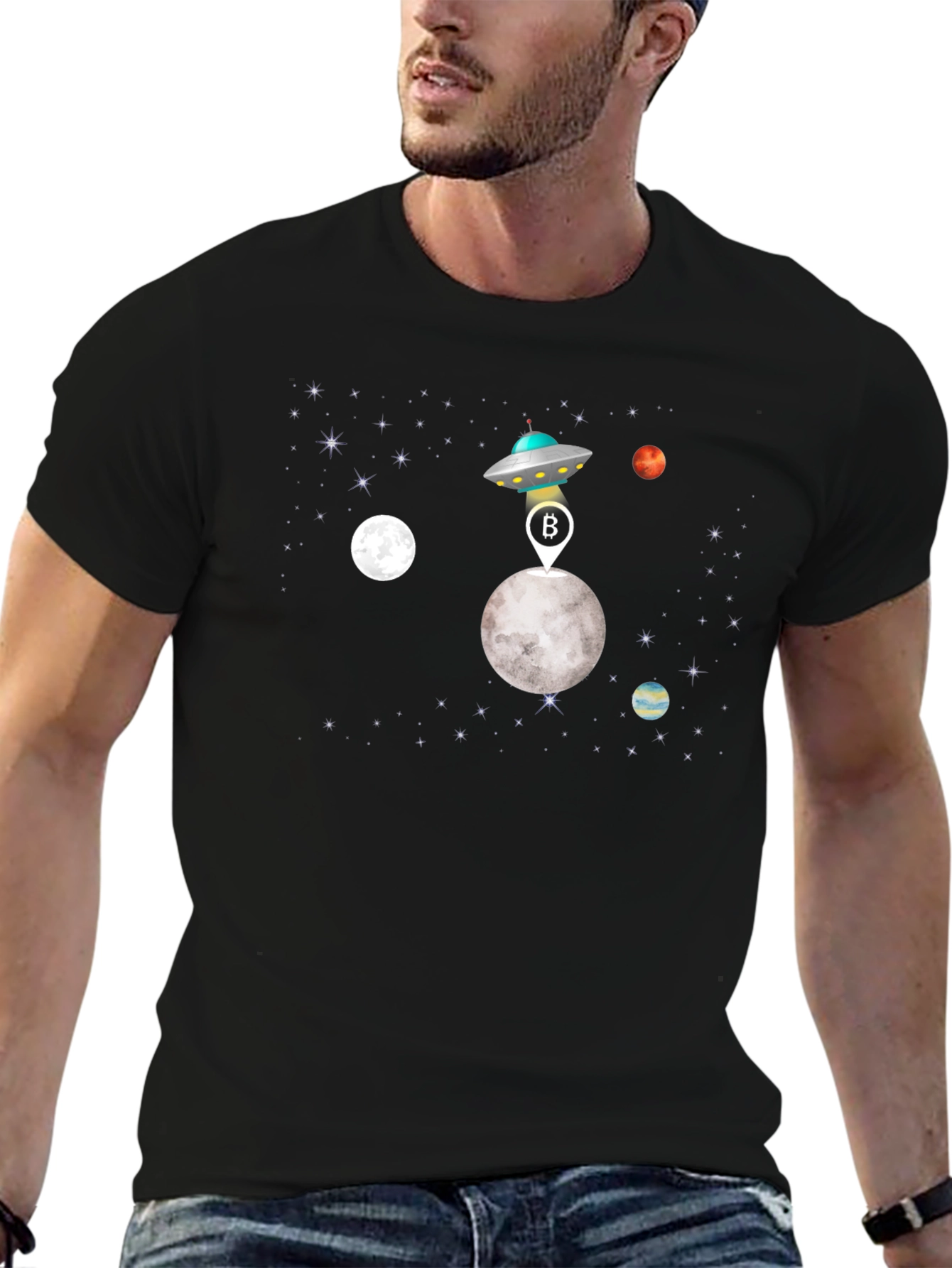 Bitcoin UFO Moon Landing Black T-Shirt