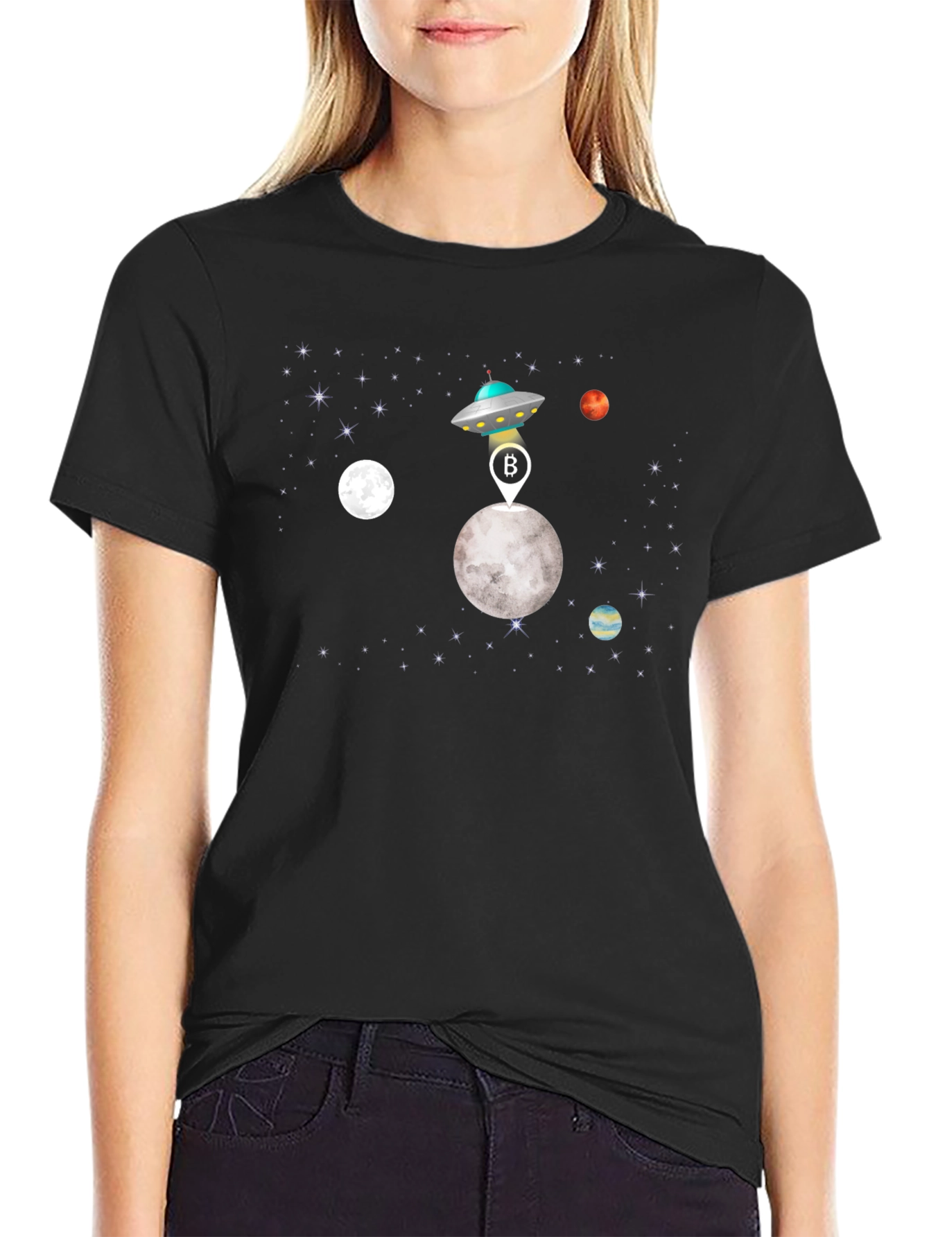Bitcoin UFO Moon Landing Black T-Shirt