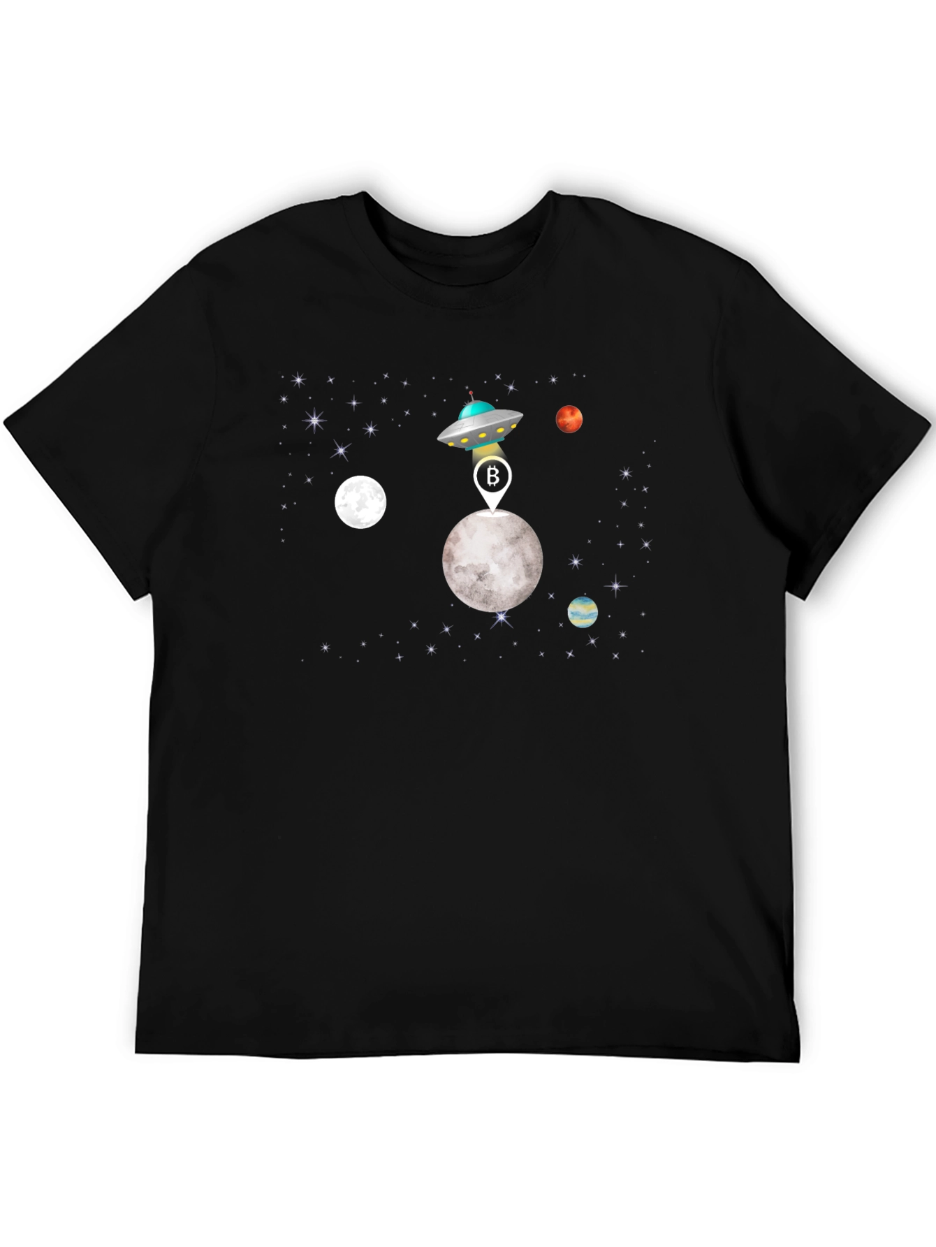 Bitcoin UFO Moon Landing Black T-Shirt