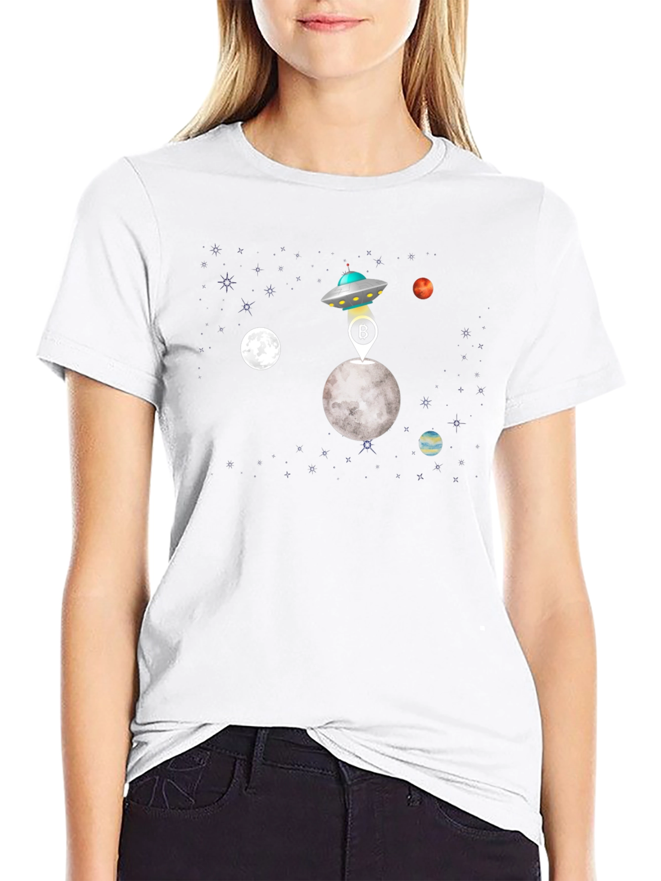 Bitcoin UFO Moon Landing Black T-Shirt