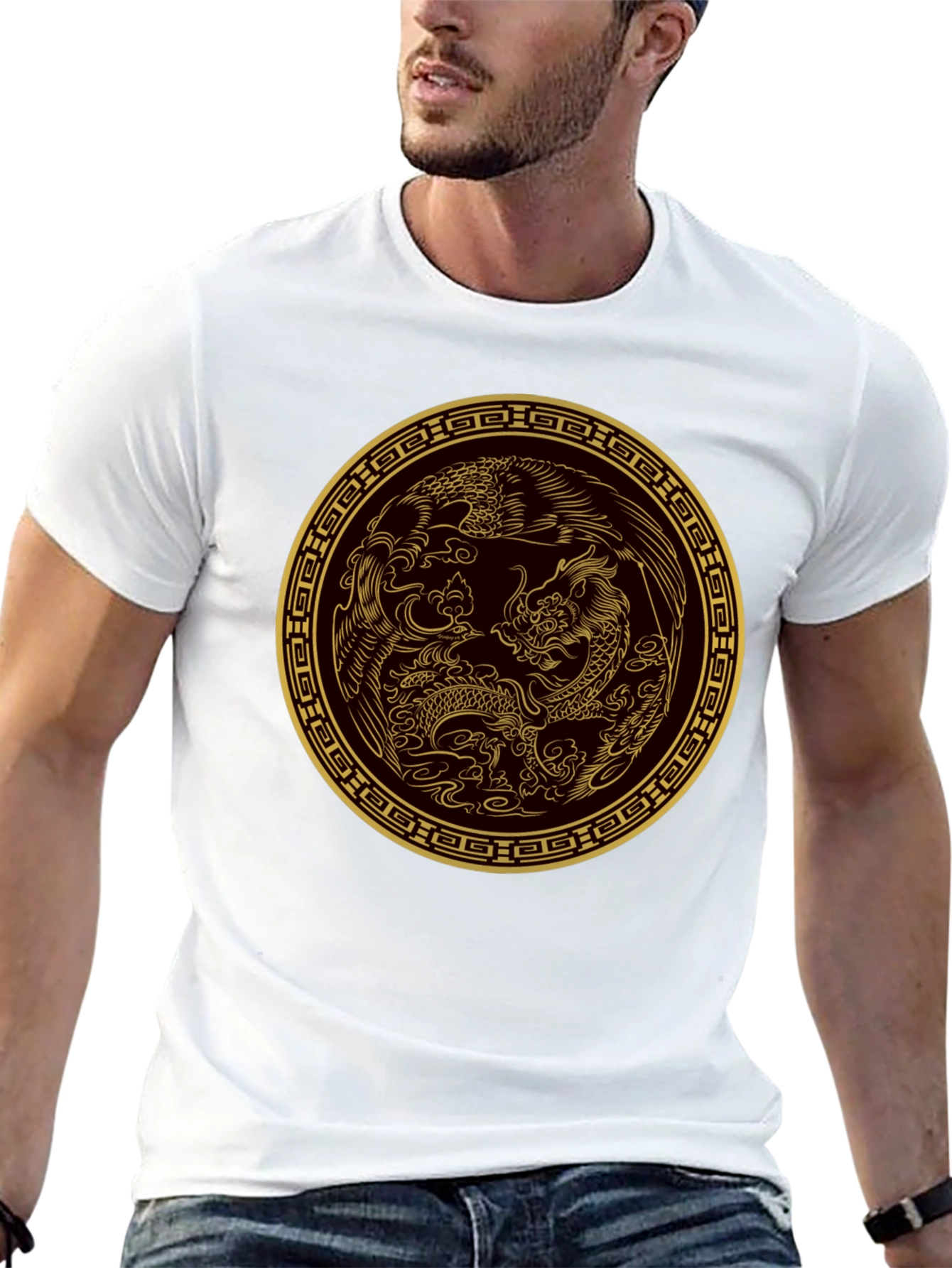 Dragon and Phoenix Gold Print Black T-Shirt