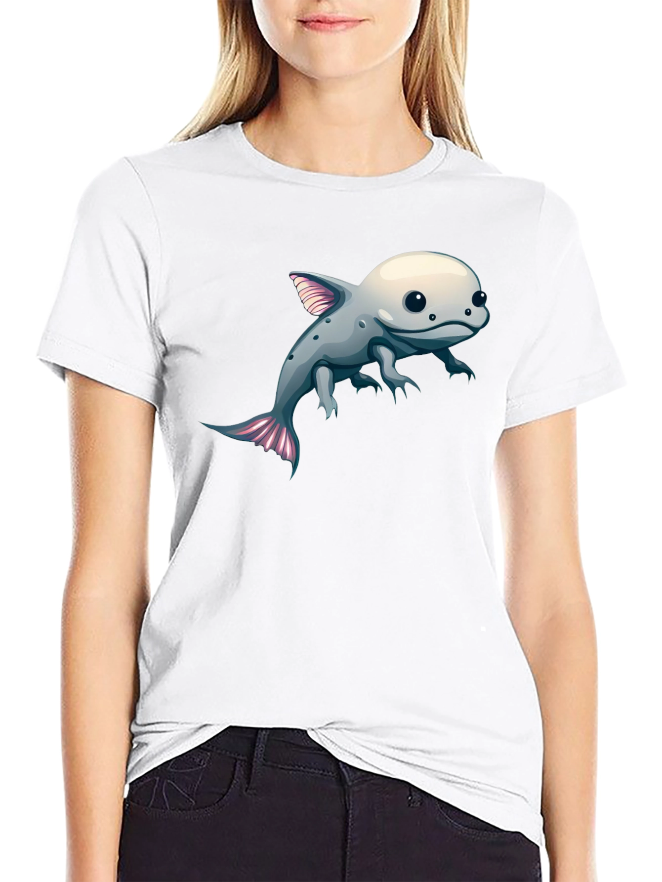 Axolotl Cartoon Graphic Tee - Black Cotton Blend