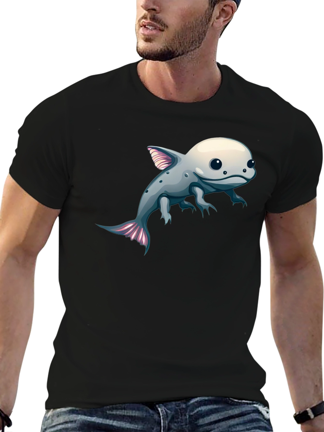 Axolotl Cartoon Graphic Tee - Black Cotton Blend