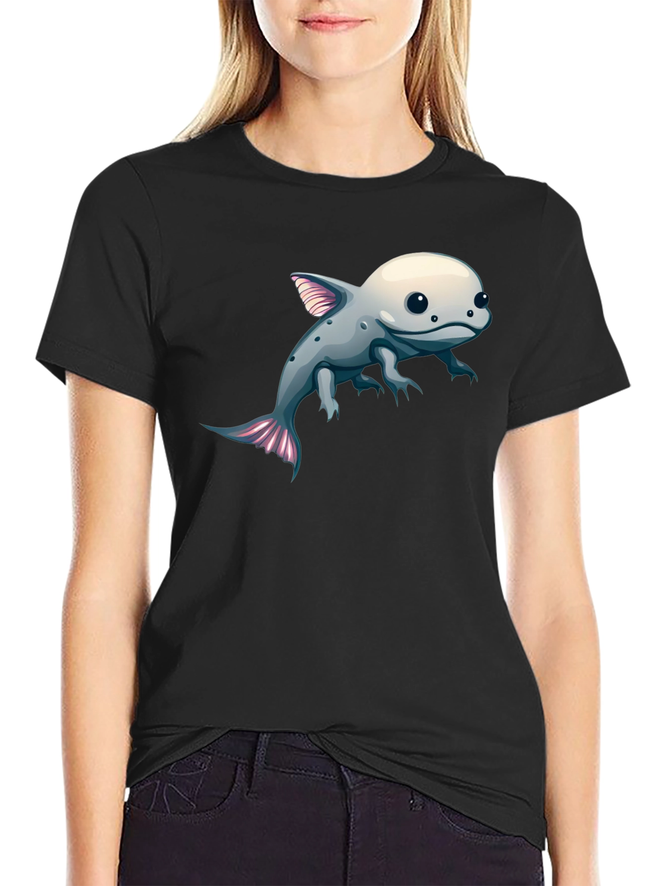 Axolotl Cartoon Graphic Tee - Black Cotton Blend