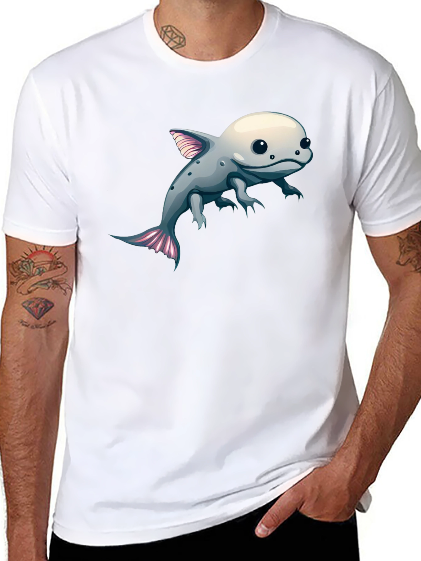 Axolotl Cartoon Graphic Tee - Black Cotton Blend