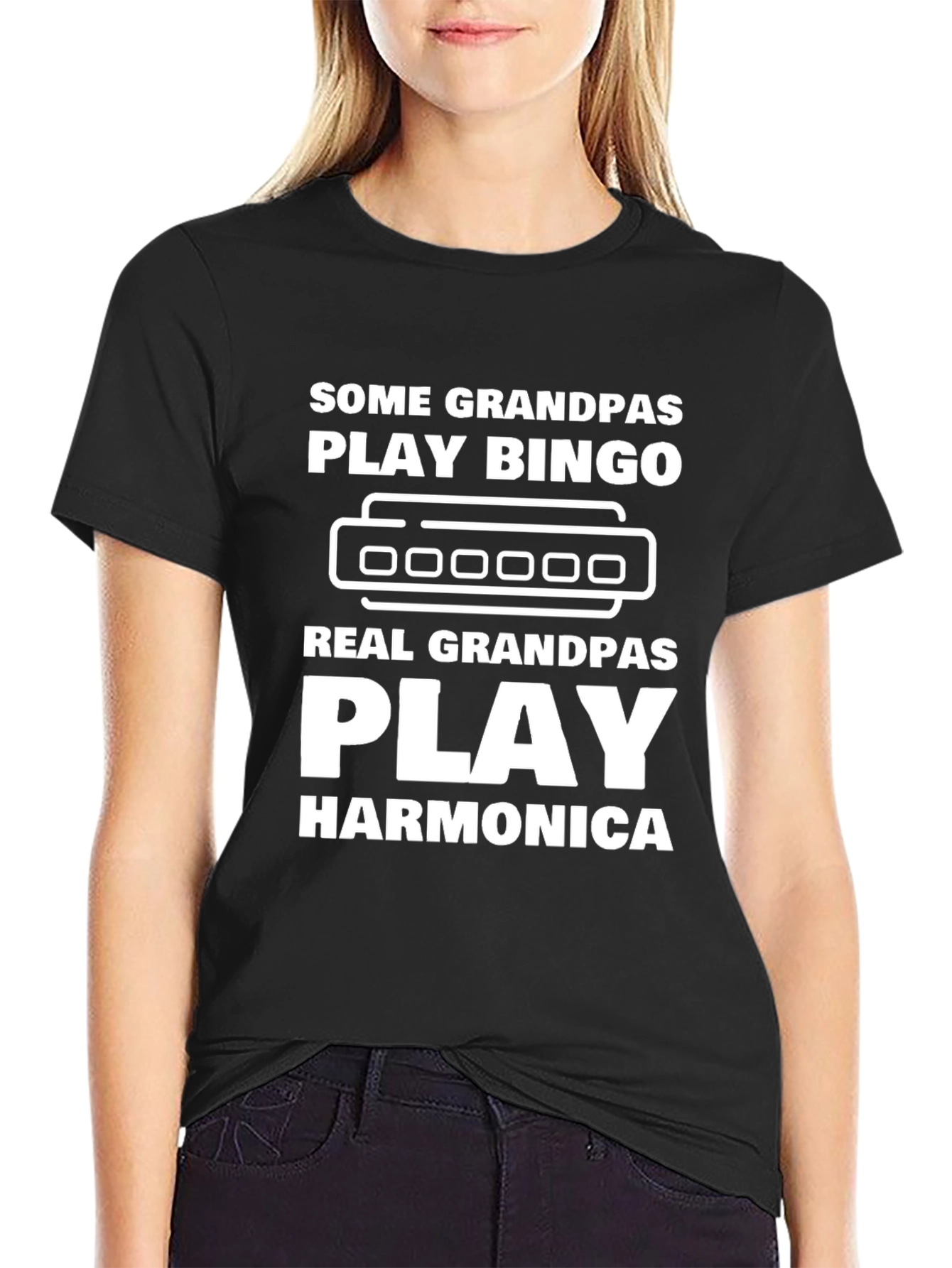 Funny Grandpas Harmonica Black T-Shirt