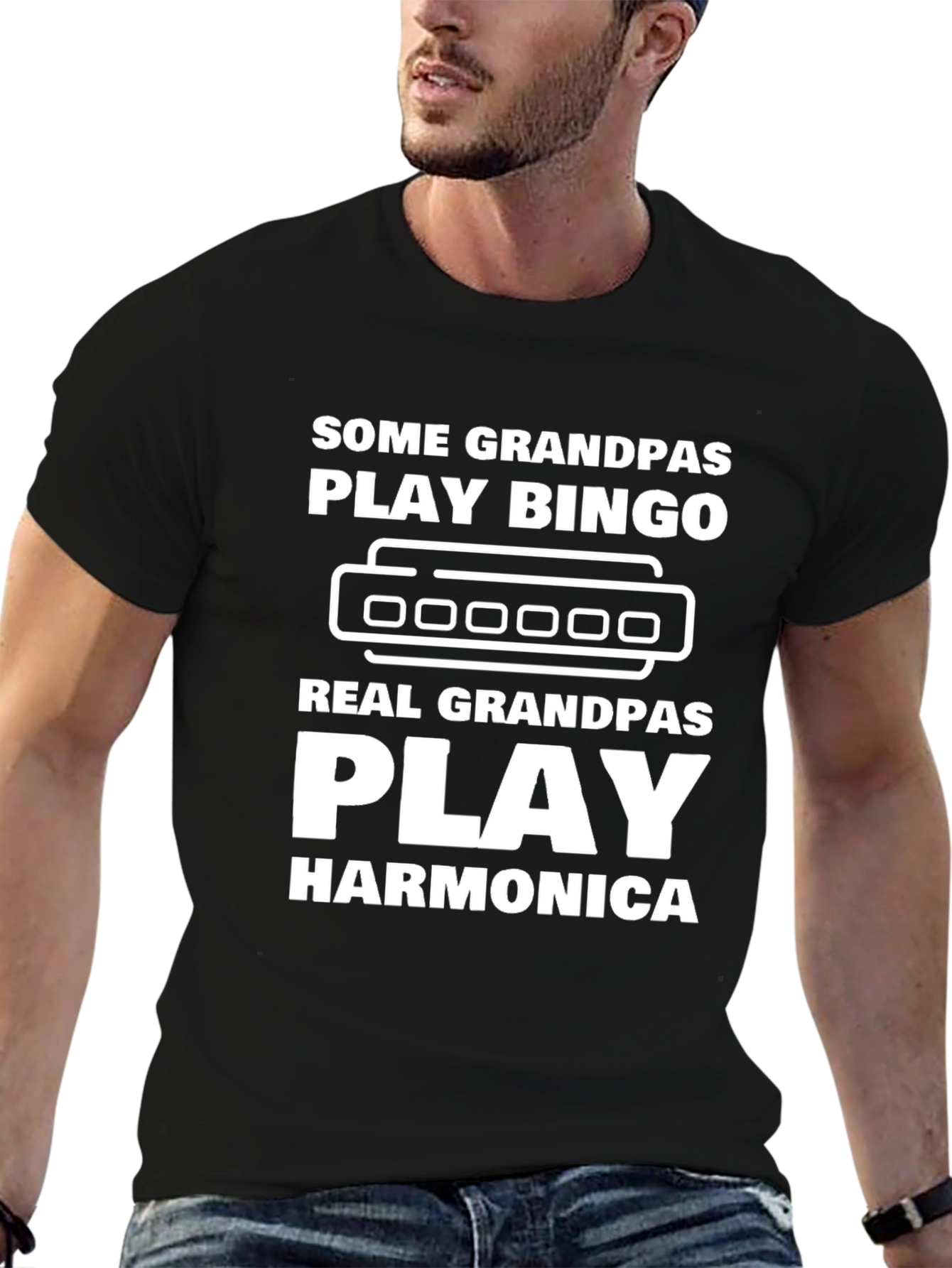 Funny Grandpas Harmonica Black T-Shirt