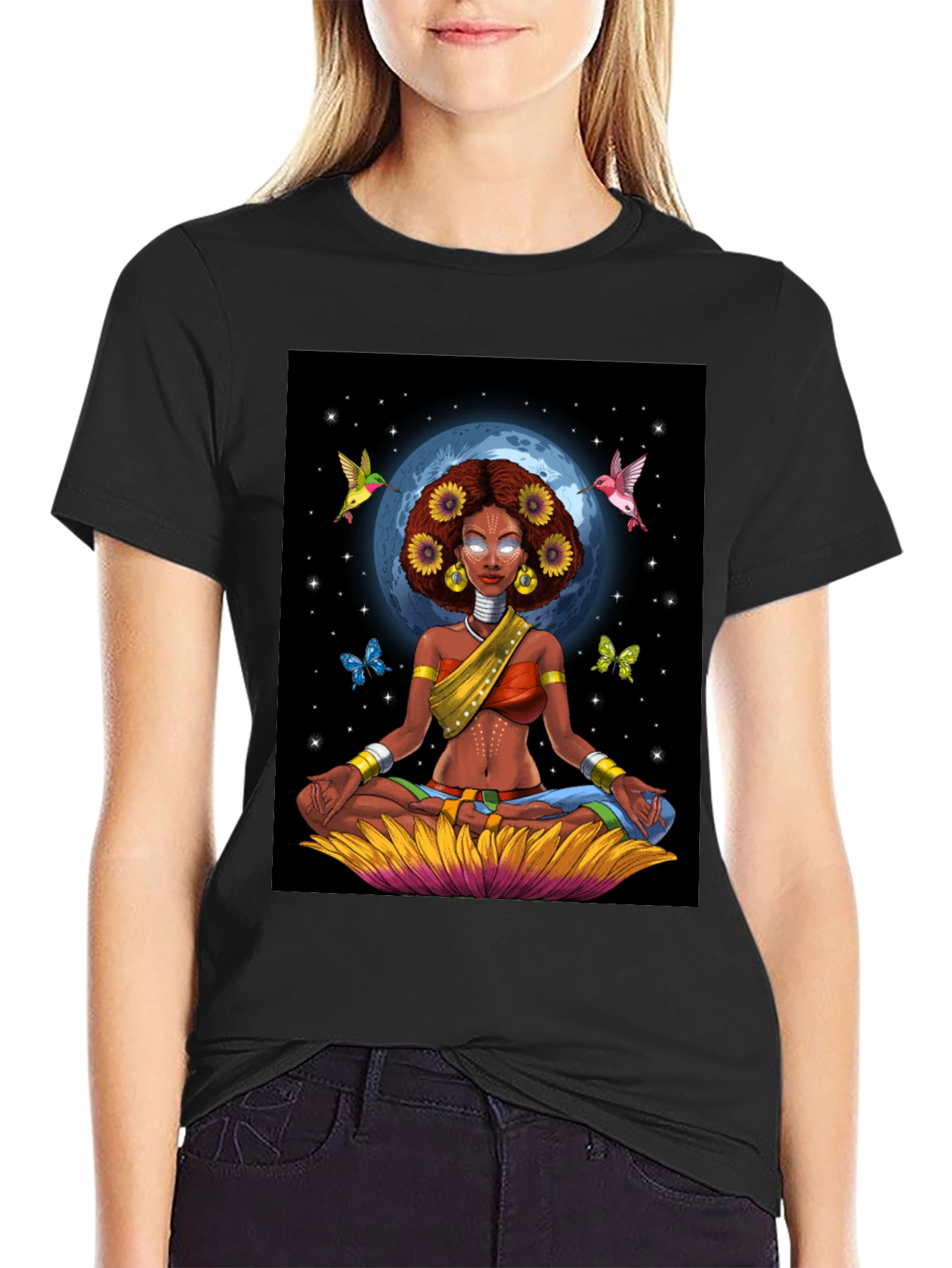 Meditating Woman Graphic Tee - Celestial Zen Style
