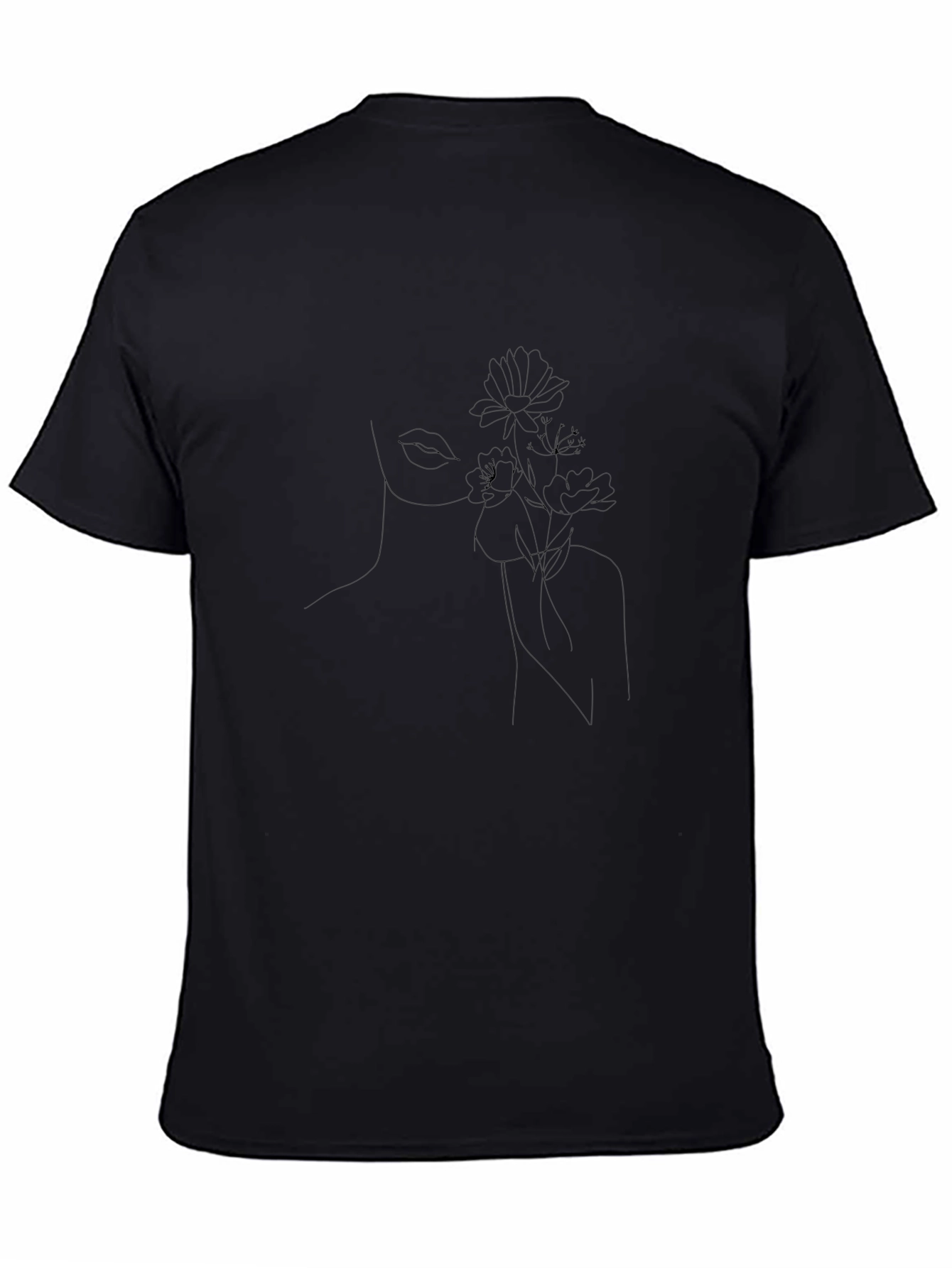 Minimalist Floral Line Art Black T-Shirt