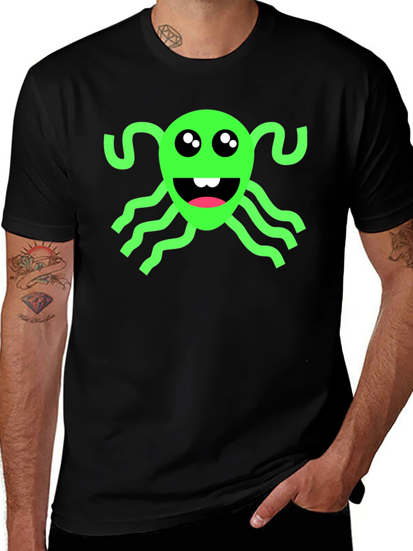 Funny Green Alien Black T-Shirt