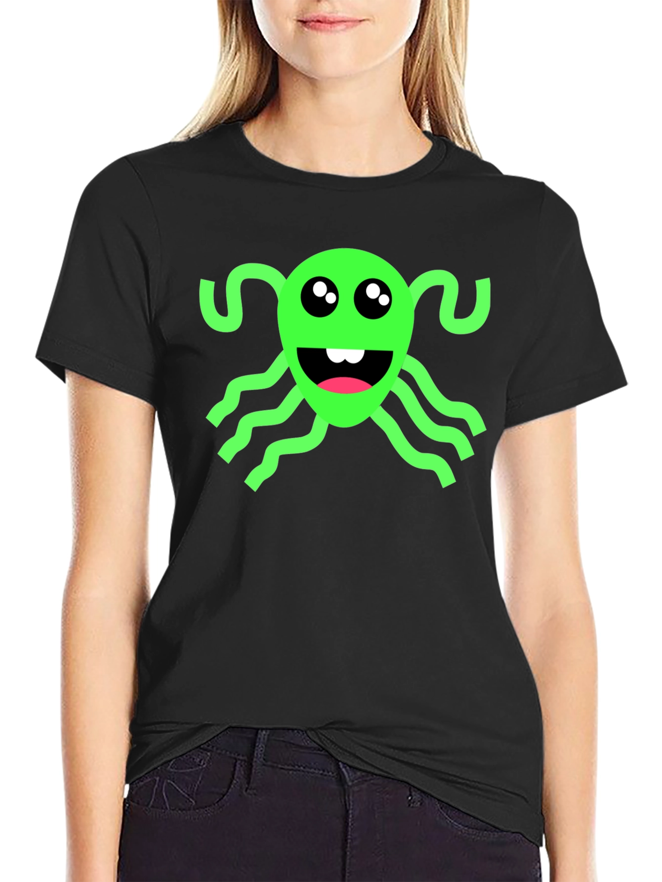 Funny Green Alien Black T-Shirt
