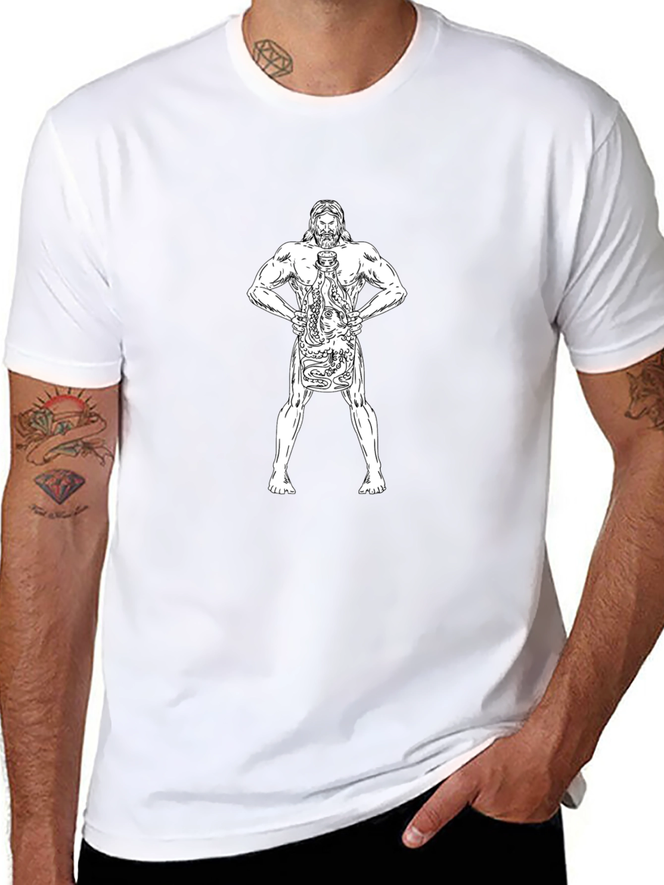 Poseidon Holding Octopus Tattoo Style T-Shirt