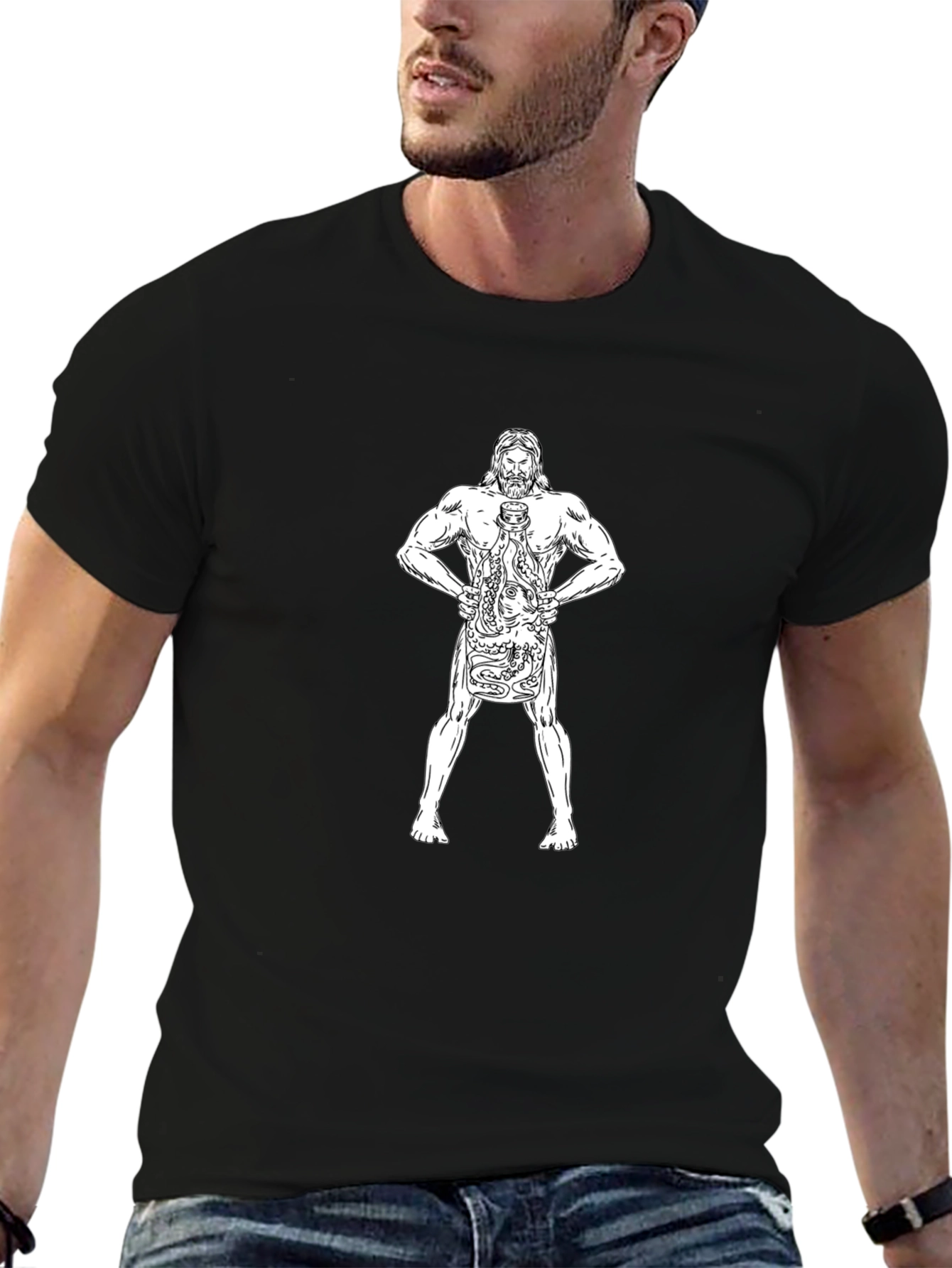 Poseidon Holding Octopus Tattoo Style T-Shirt