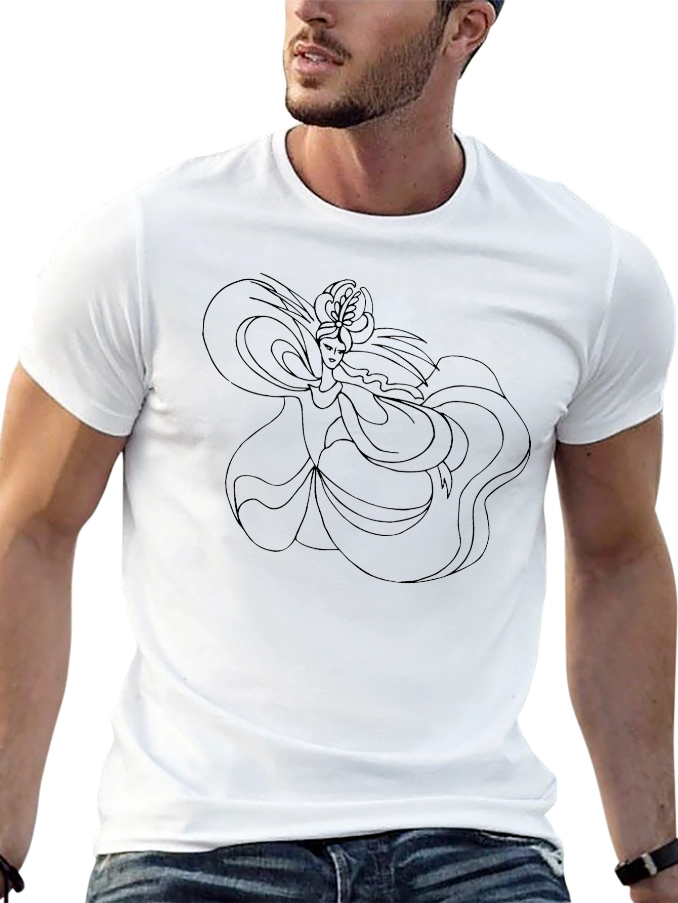 Elegant Black Tee with Artistic Woman Graphic