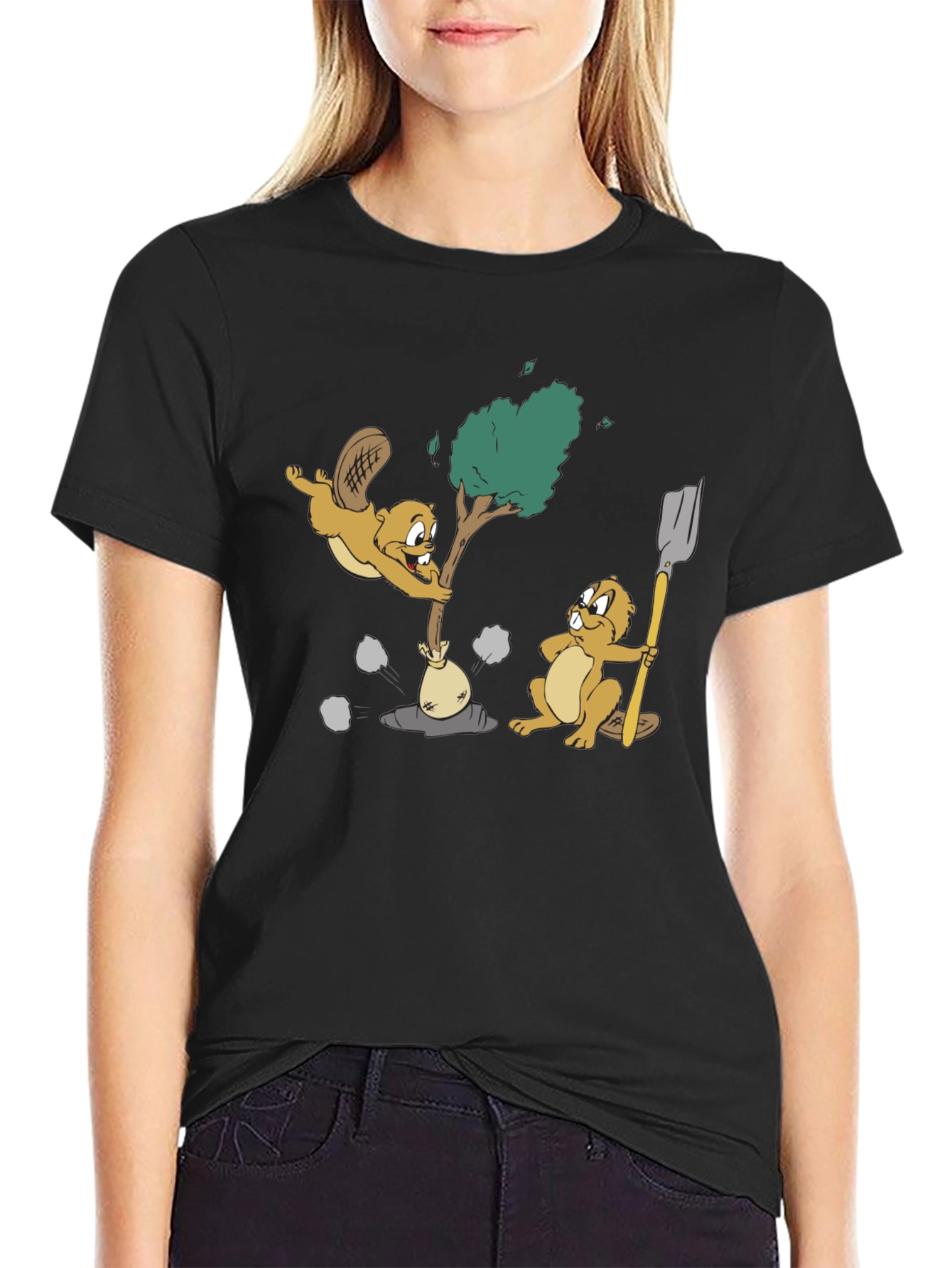 Funny Beaver Cartoon Black T-Shirt