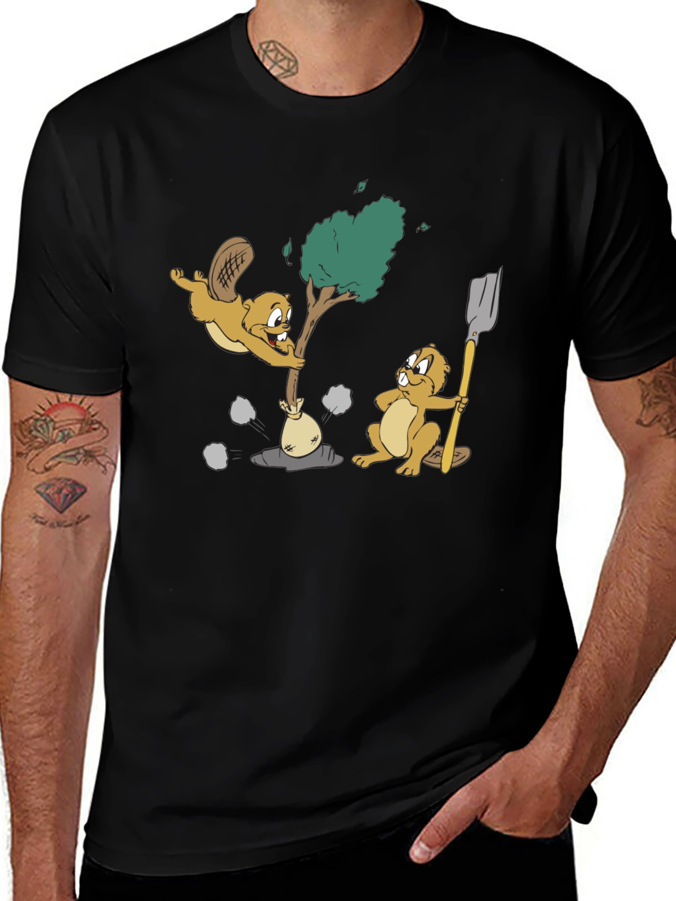 Funny Beaver Cartoon Black T-Shirt