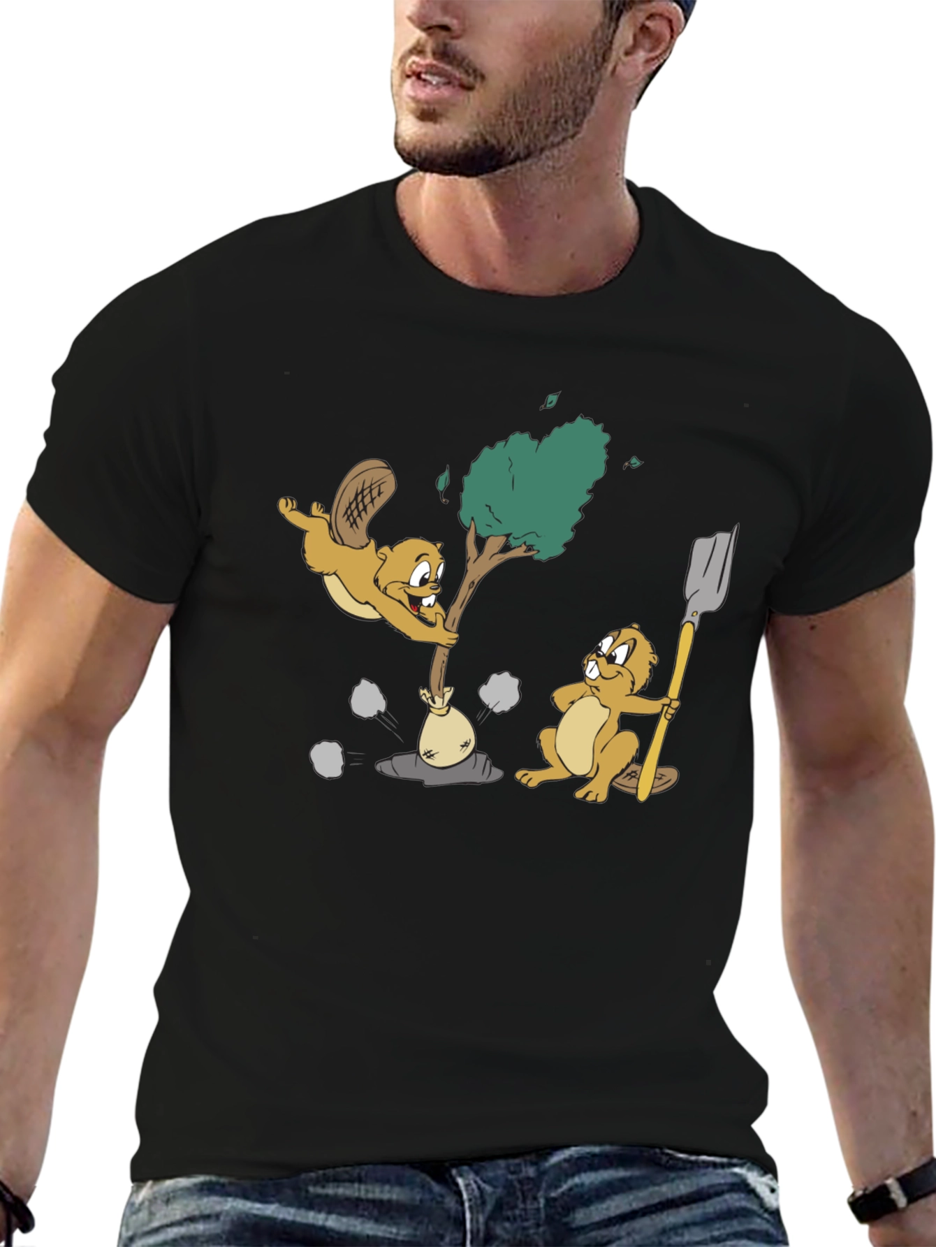 Funny Beaver Cartoon Black T-Shirt