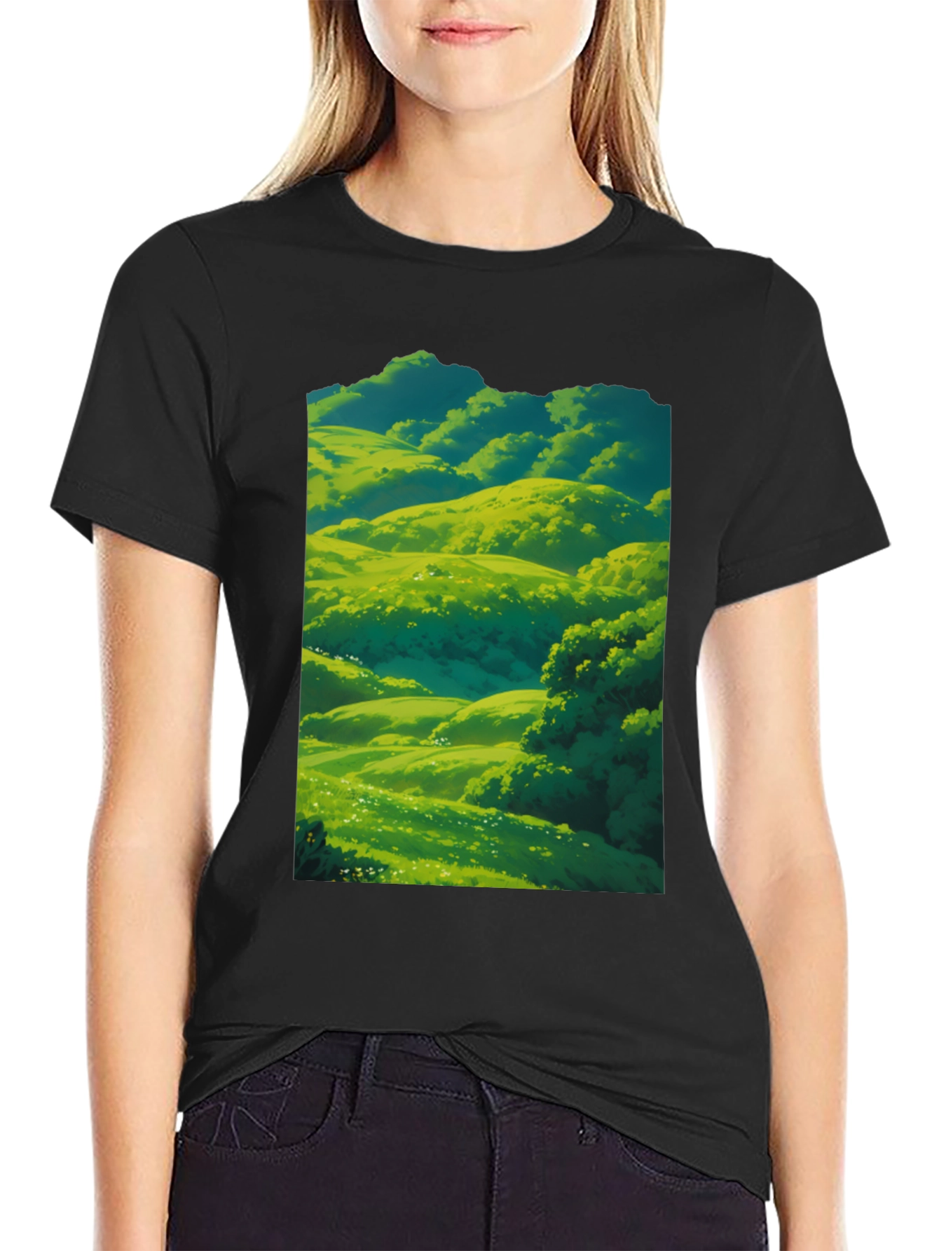 Green Meadow Landscape Graphic T-Shirt