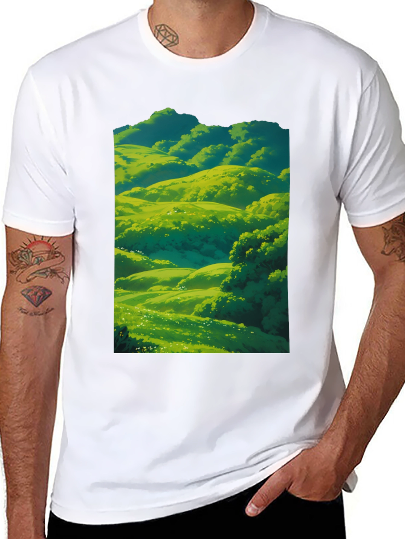 Green Meadow Landscape Graphic T-Shirt