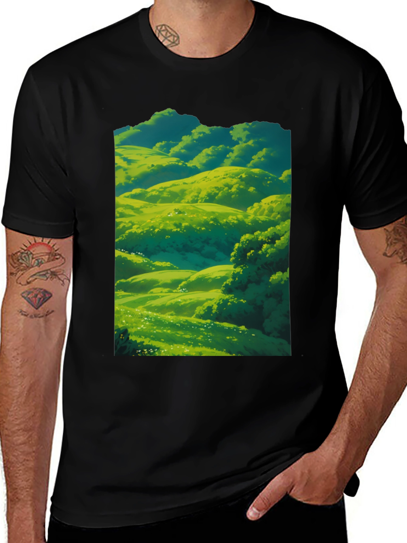 Green Meadow Landscape Graphic T-Shirt