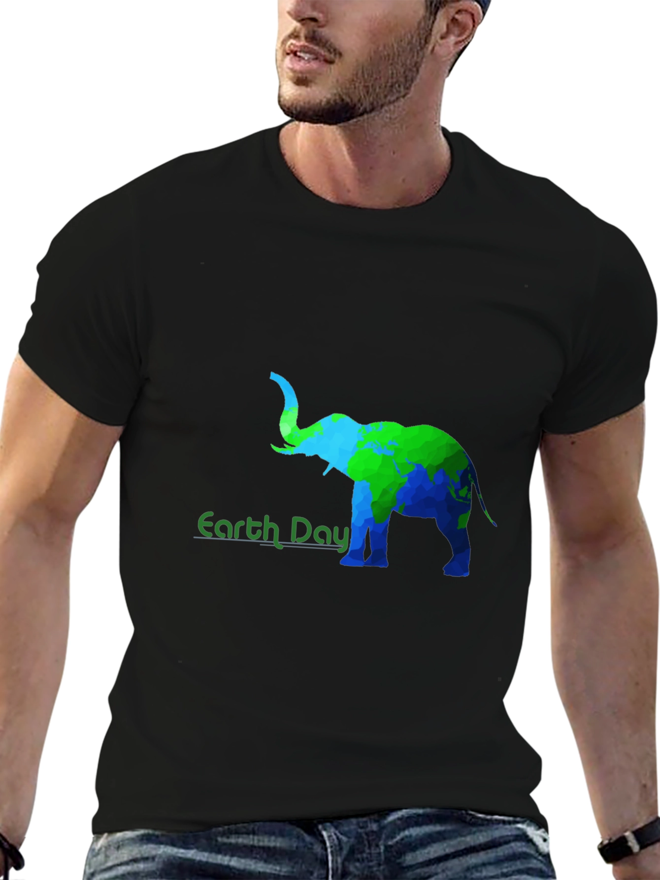 Earth Day Elephant Graphic Tee - Black Cotton T-Shirt