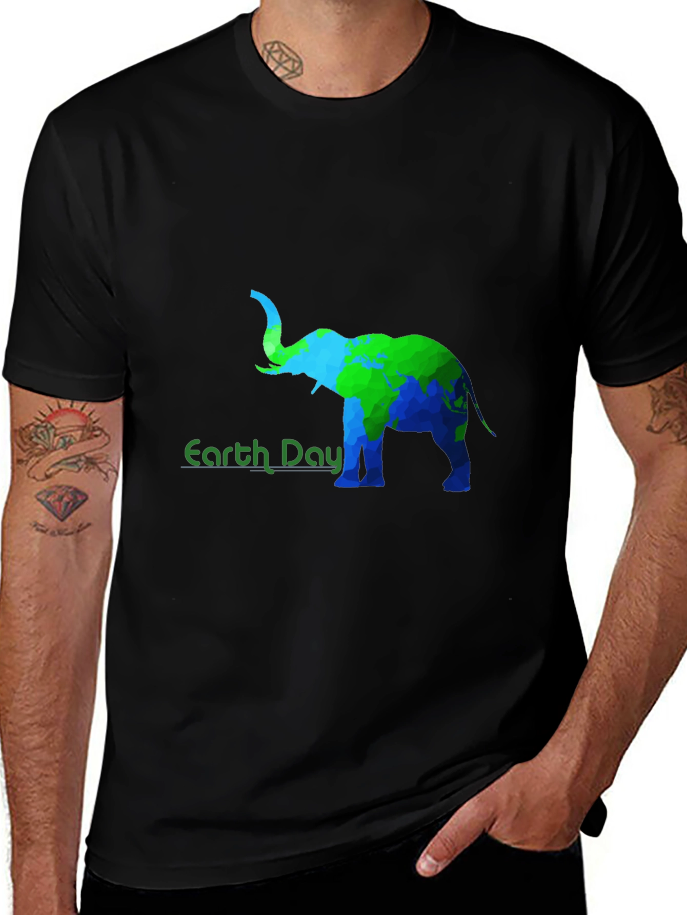 Earth Day Elephant Graphic Tee - Black Cotton T-Shirt