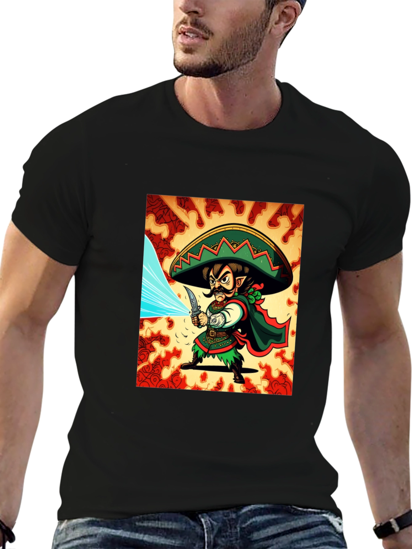 Mexican Elf Warrior Graphic Tee - Black Cotton
