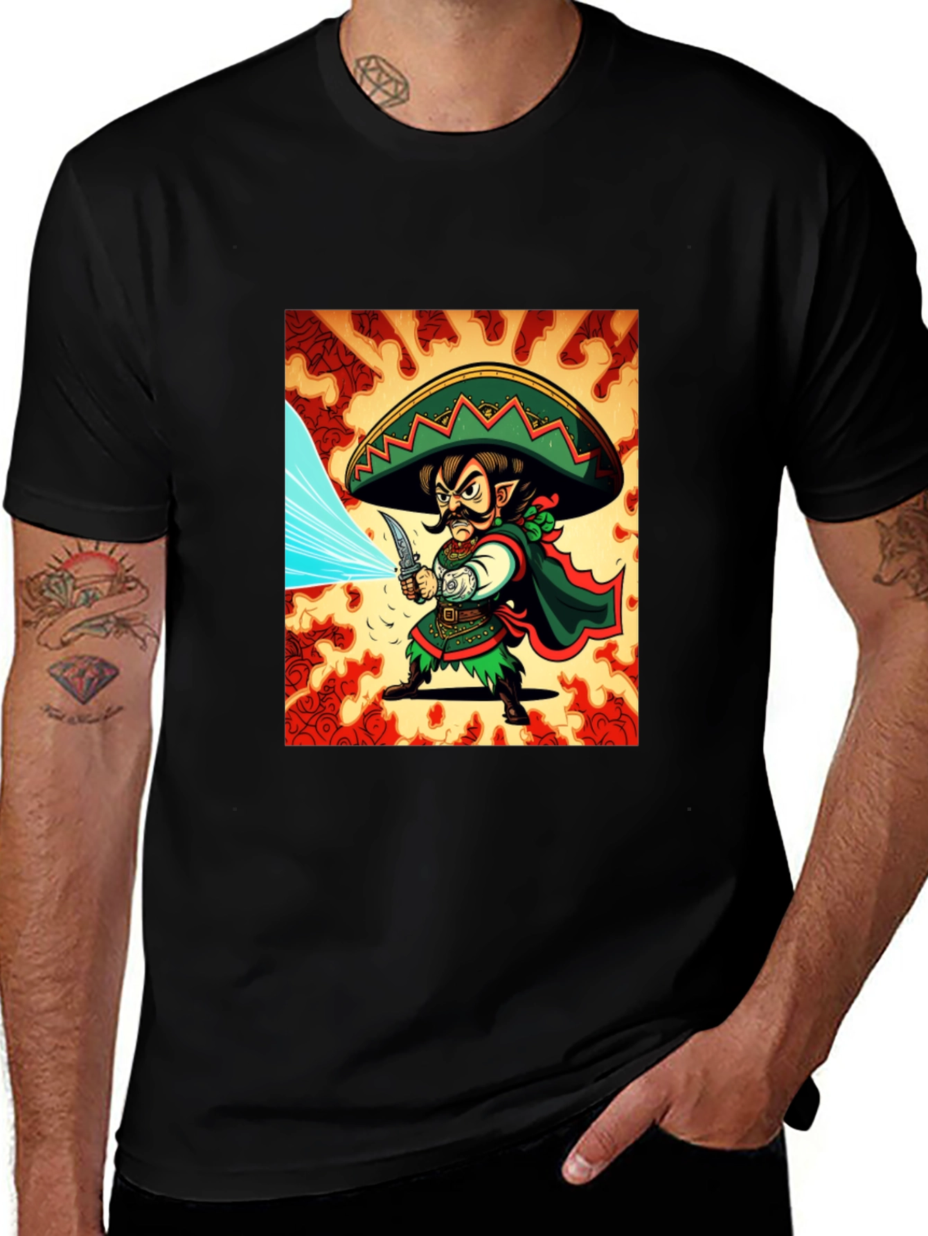 Mexican Elf Warrior Graphic Tee - Black Cotton