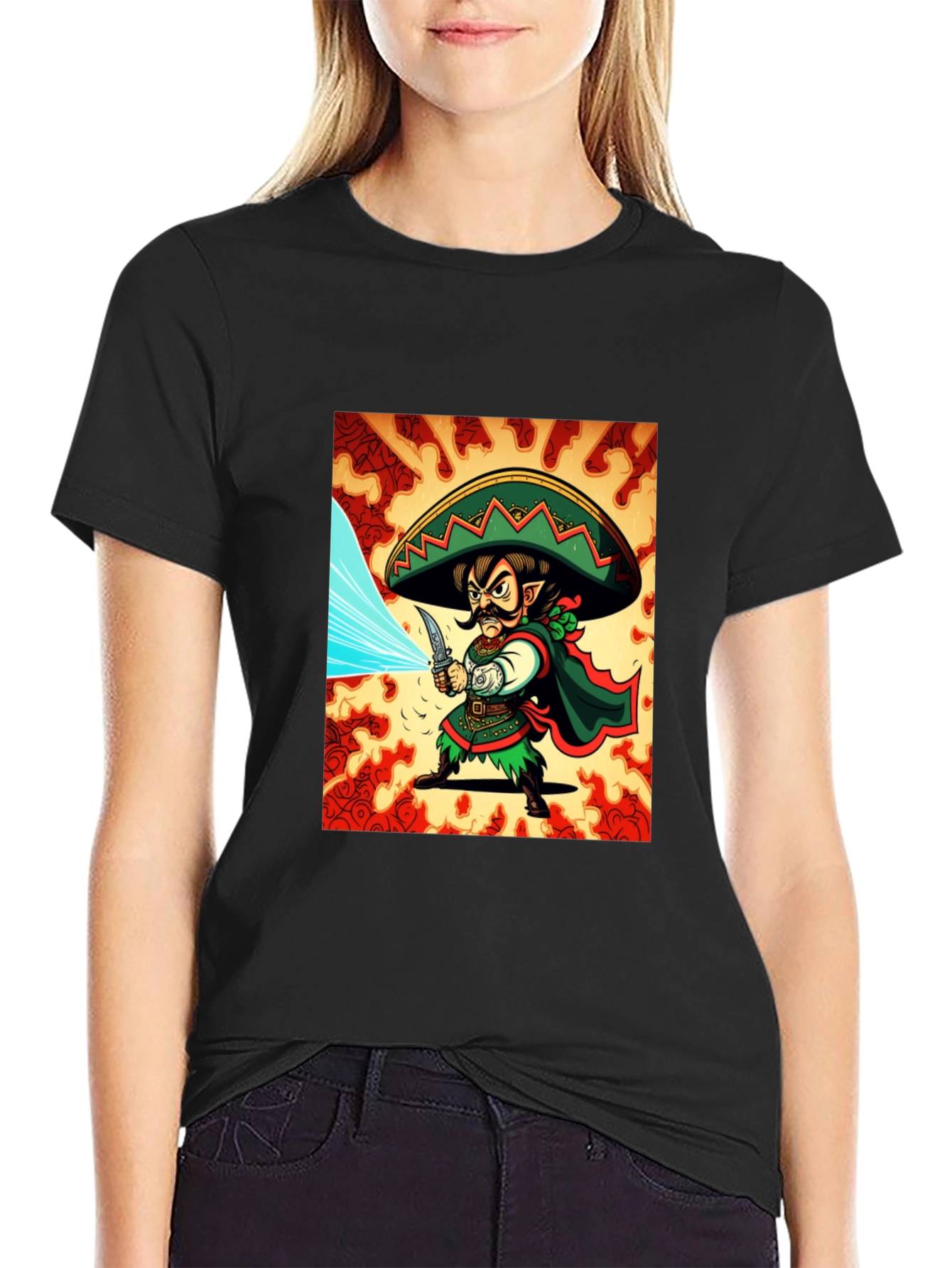 Mexican Elf Warrior Graphic Tee - Black Cotton