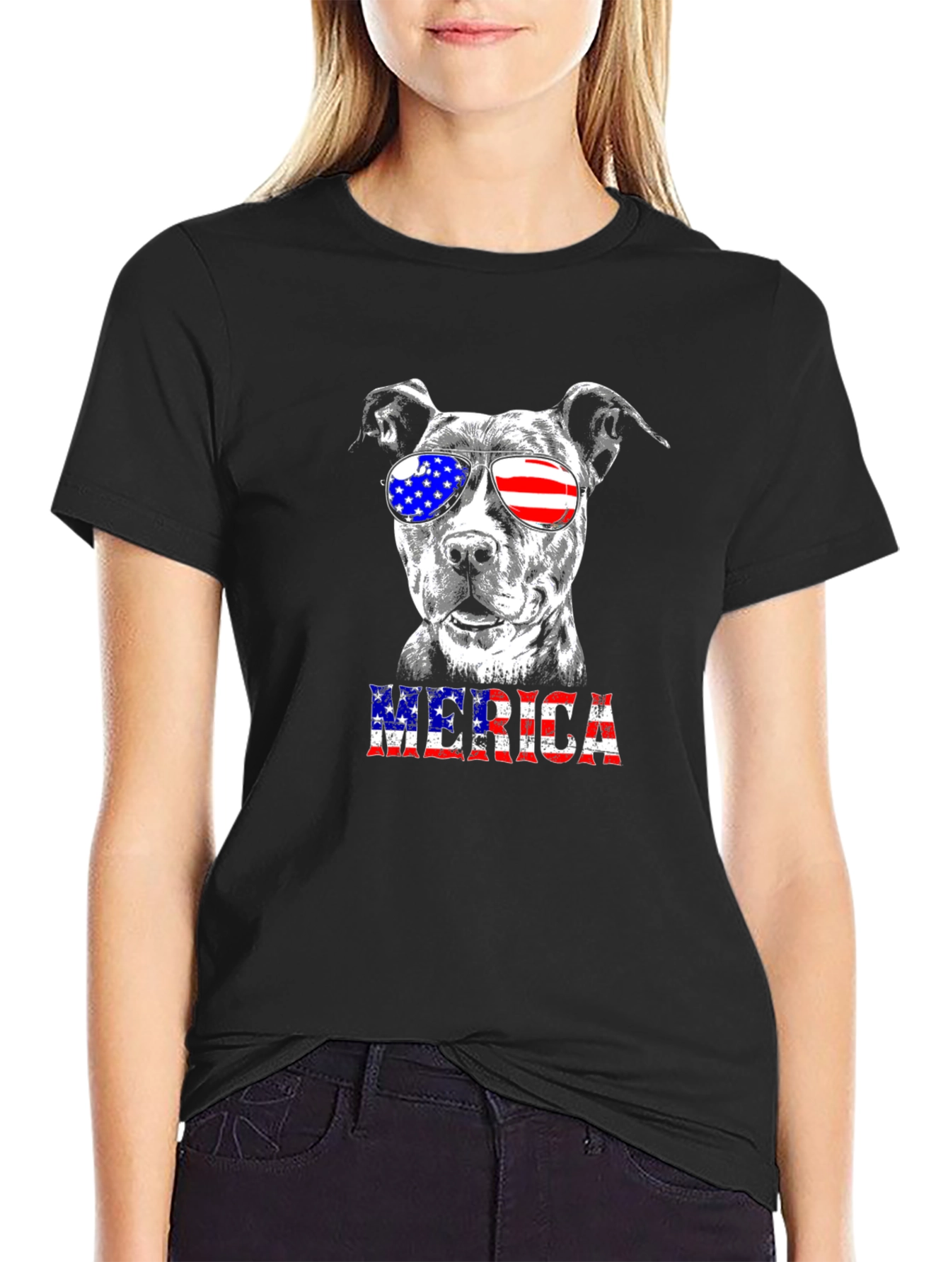 Patriotic Pitbull T-Shirt - American Flag Sunglasses