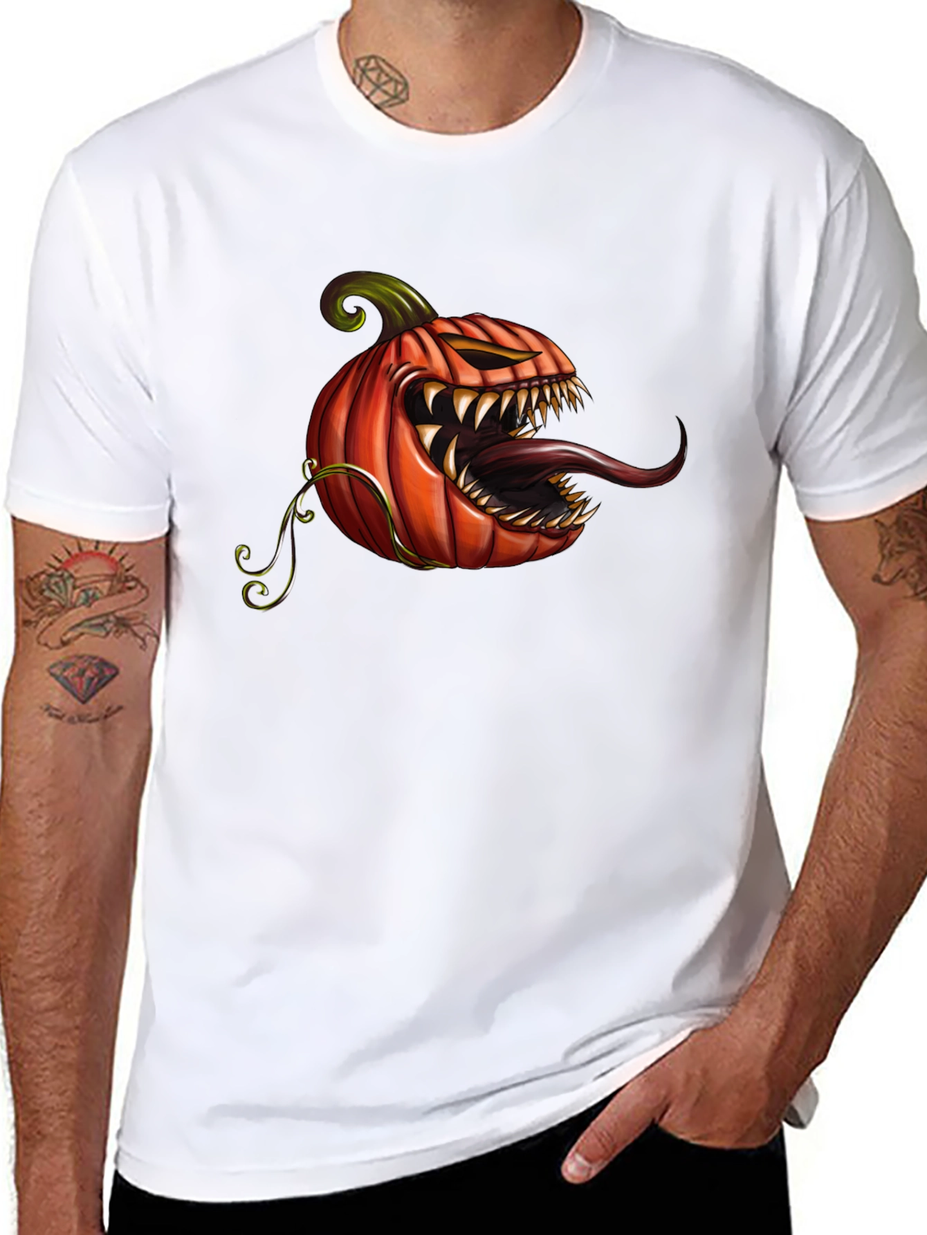 Mens Black T-Shirt with Spooky Pumpkin Design