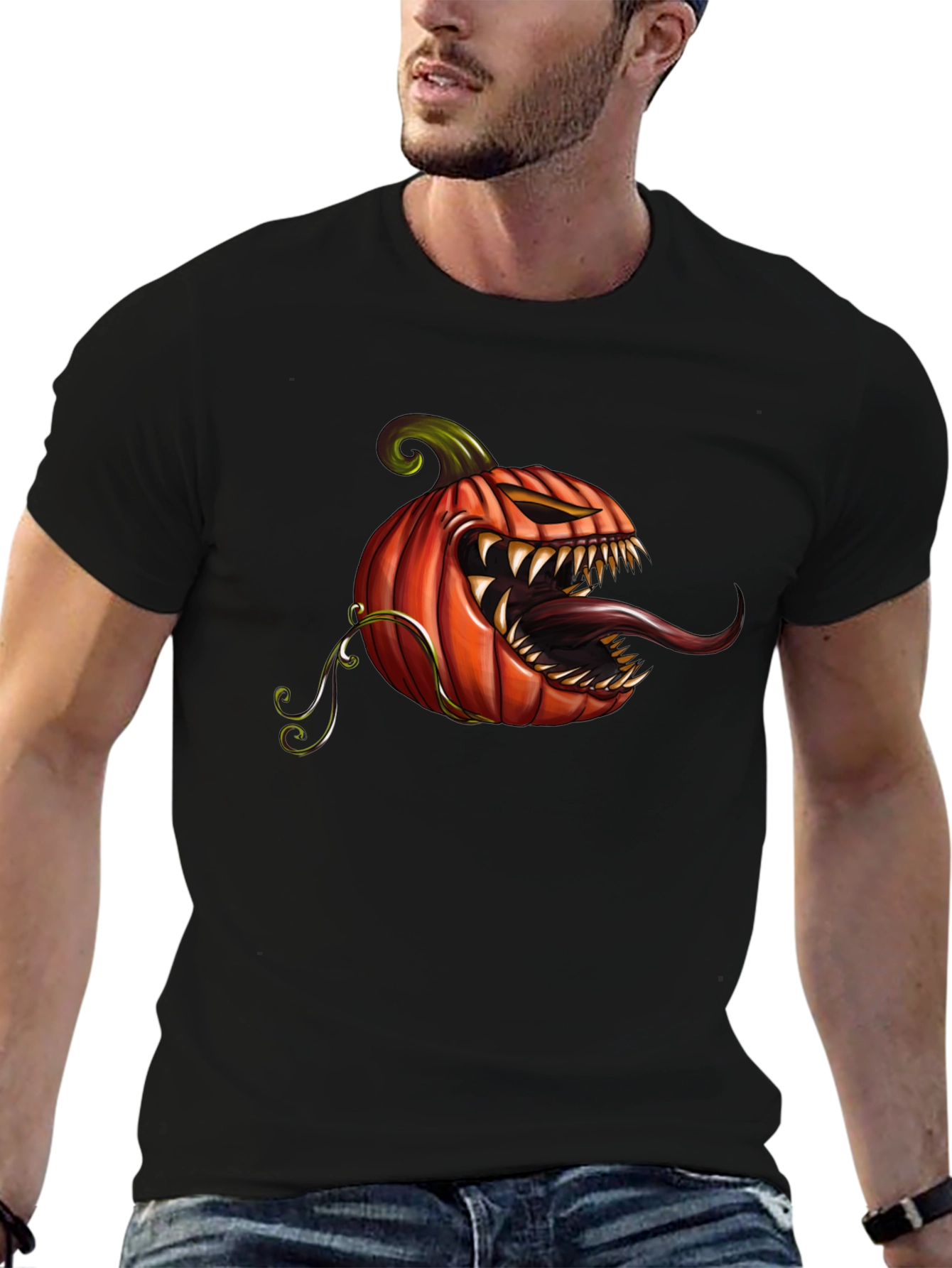 Mens Black T-Shirt with Spooky Pumpkin Design