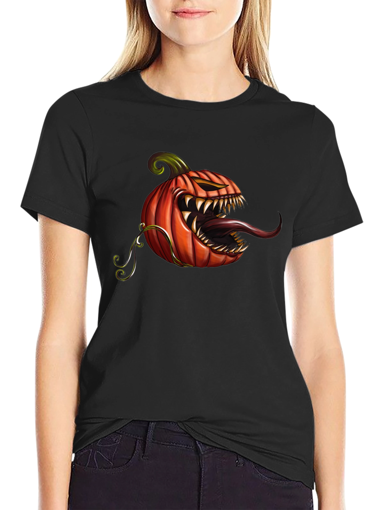 Mens Black T-Shirt with Spooky Pumpkin Design