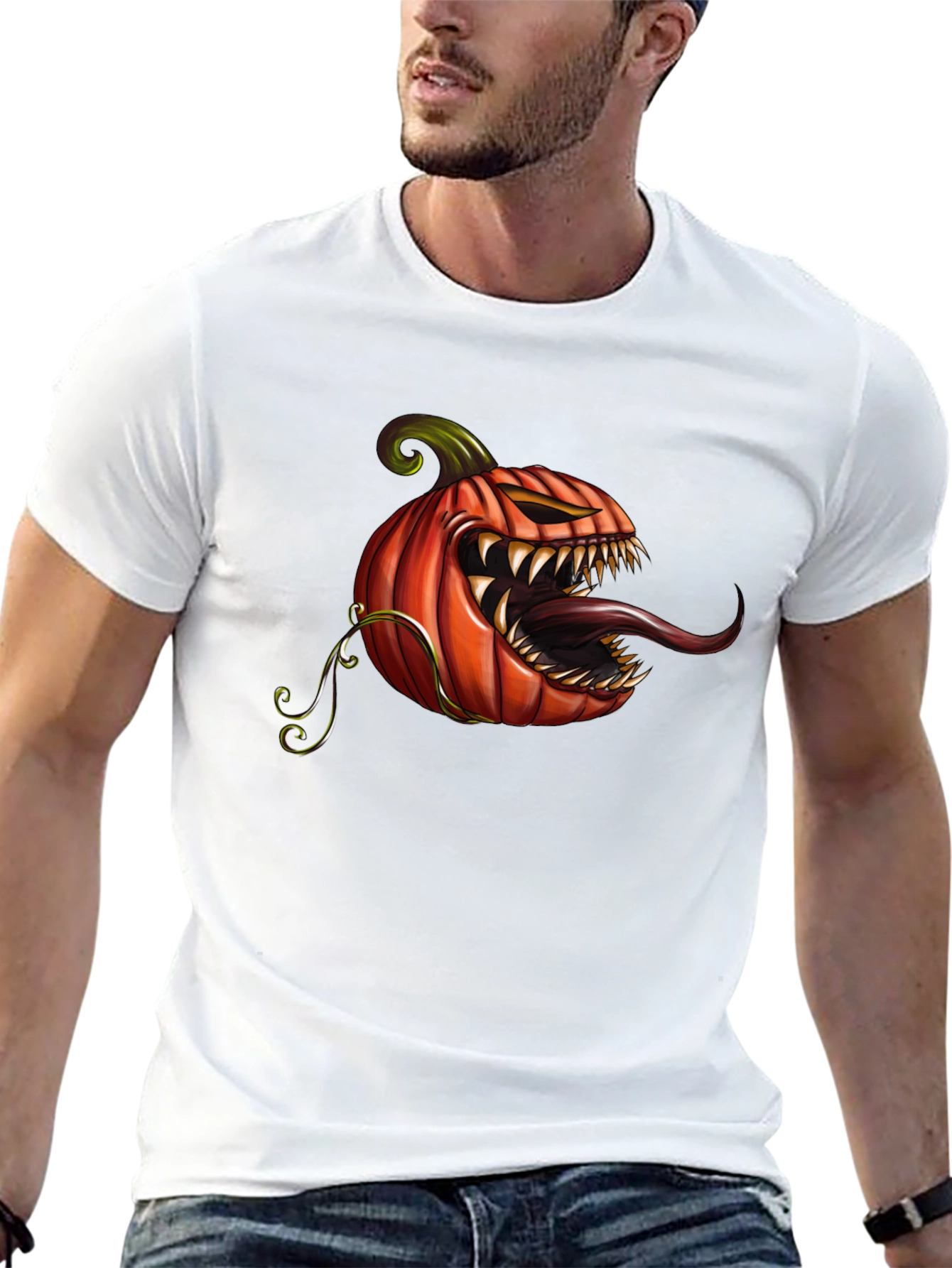 Mens Black T-Shirt with Spooky Pumpkin Design
