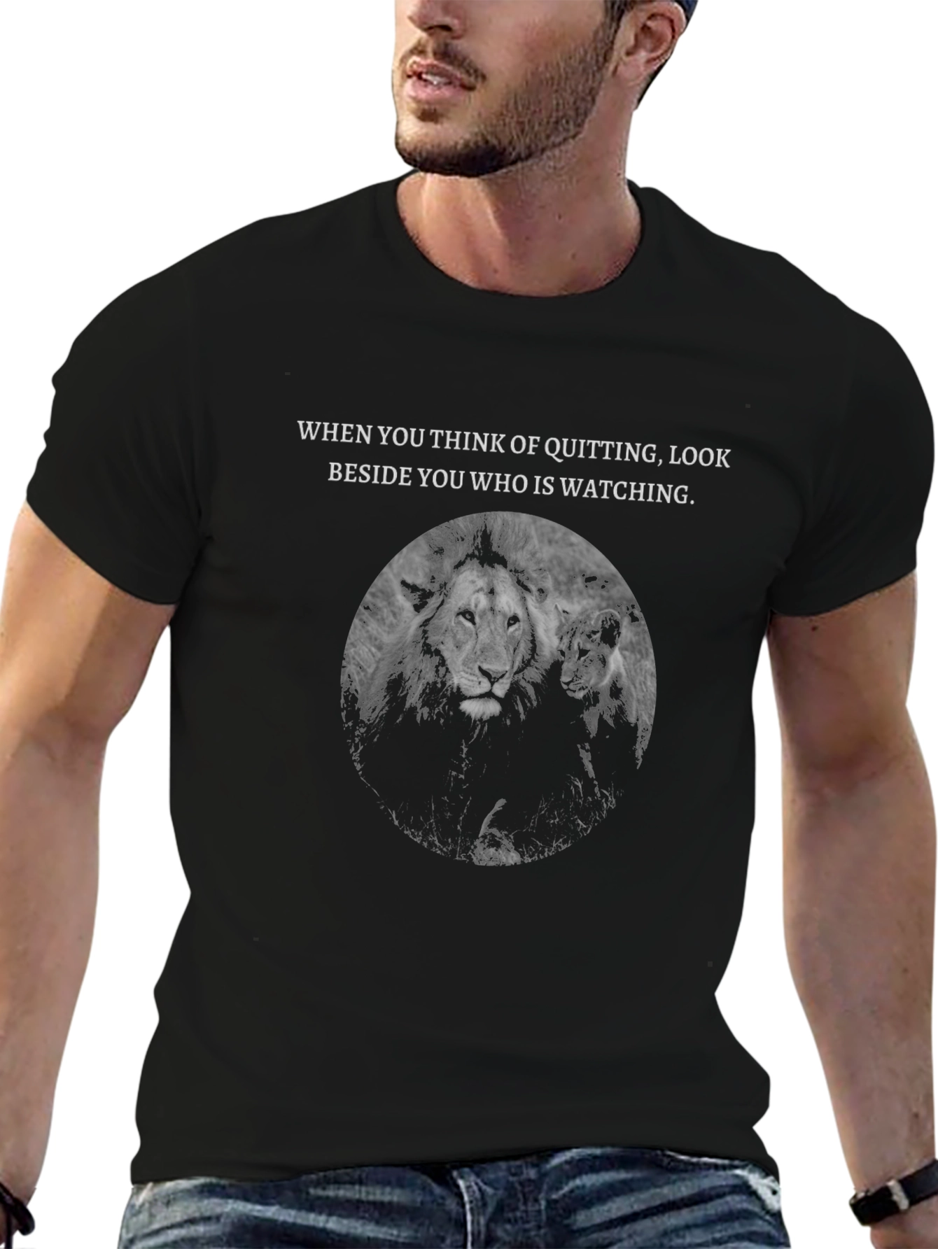 Motivational Lion Graphic Tee - Never Quit T-Shirt