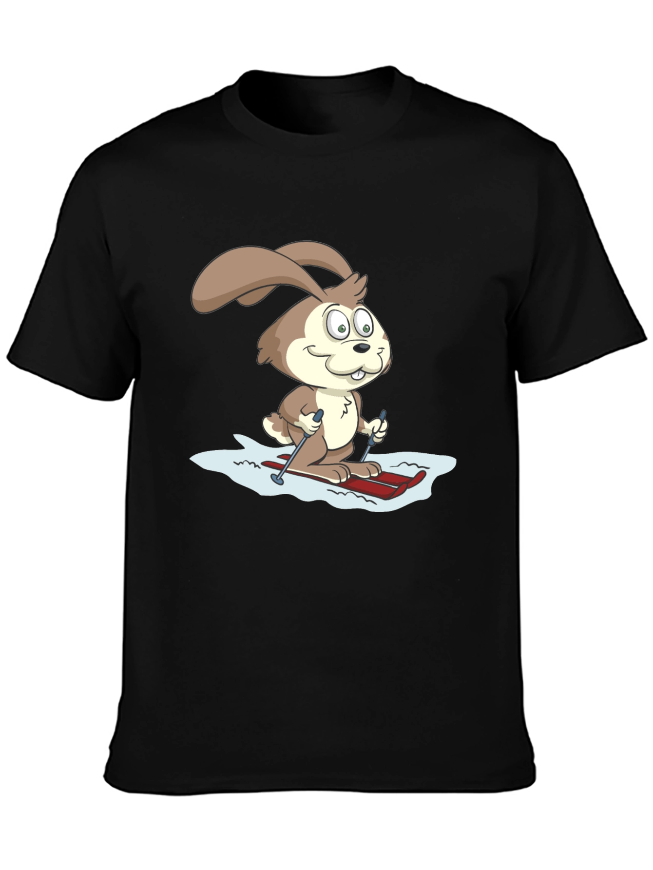 Skiing Bunny Graphic Tee - Black Cotton T-Shirt