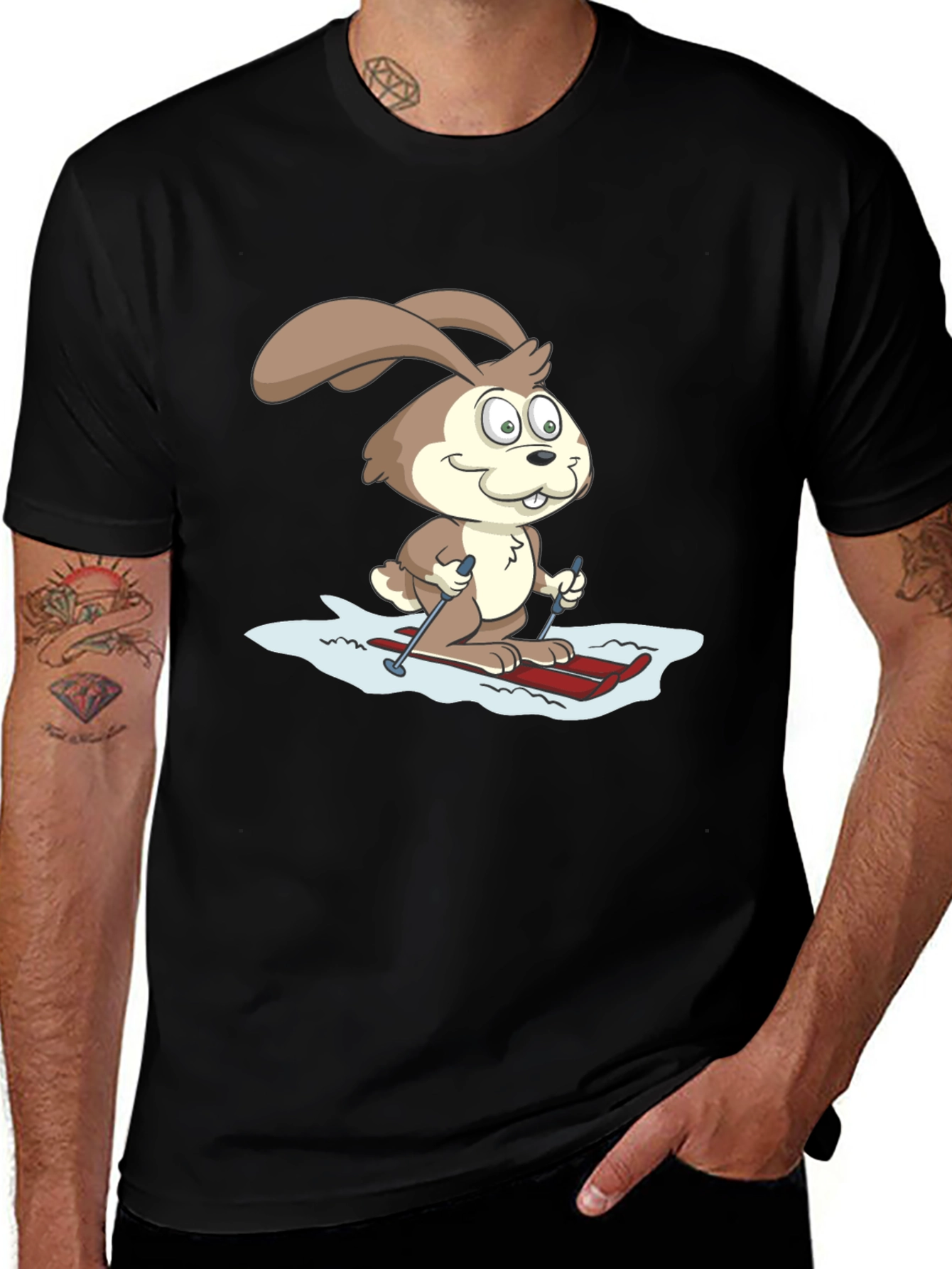 Skiing Bunny Graphic Tee - Black Cotton T-Shirt
