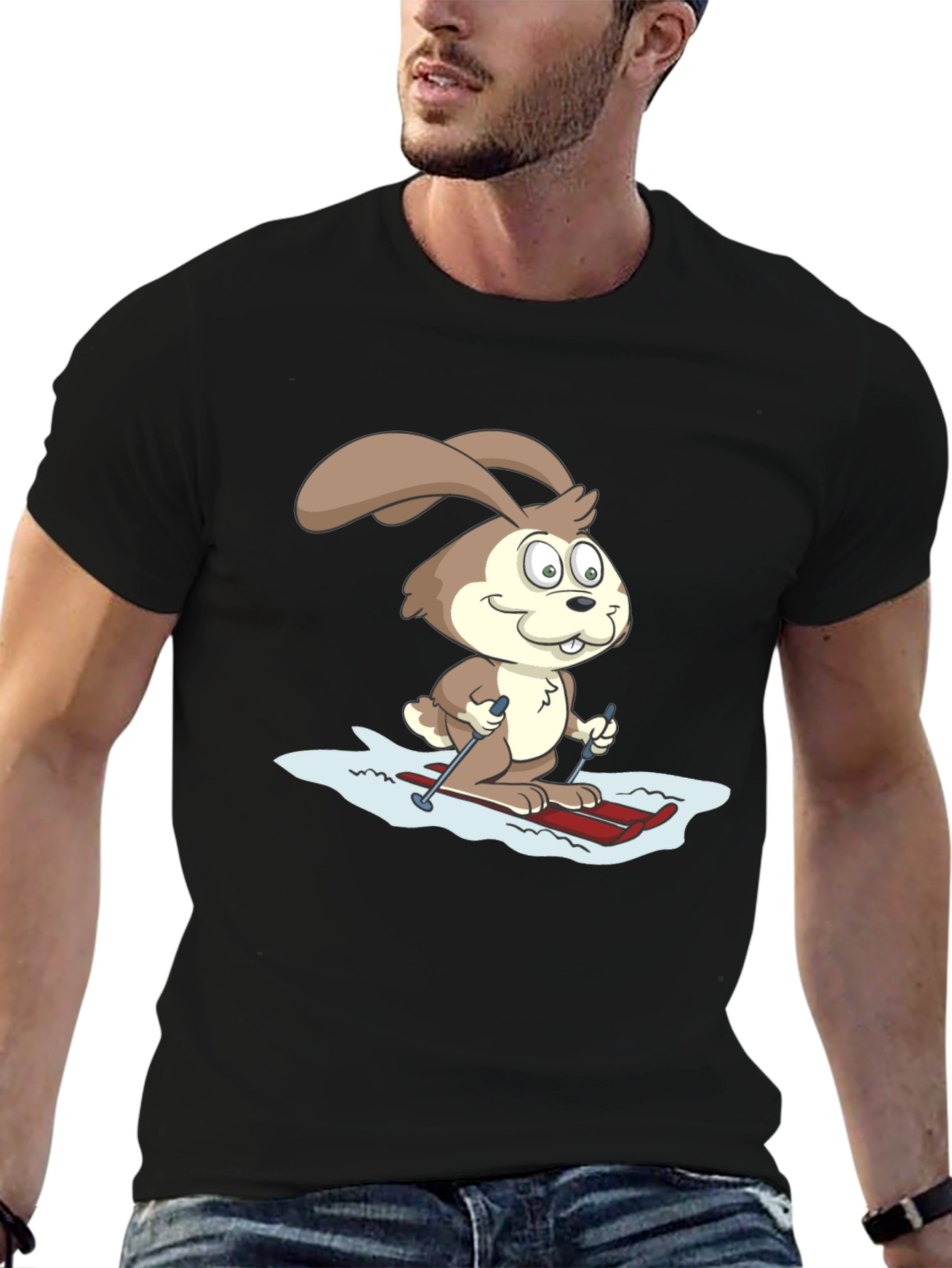 Skiing Bunny Graphic Tee - Black Cotton T-Shirt