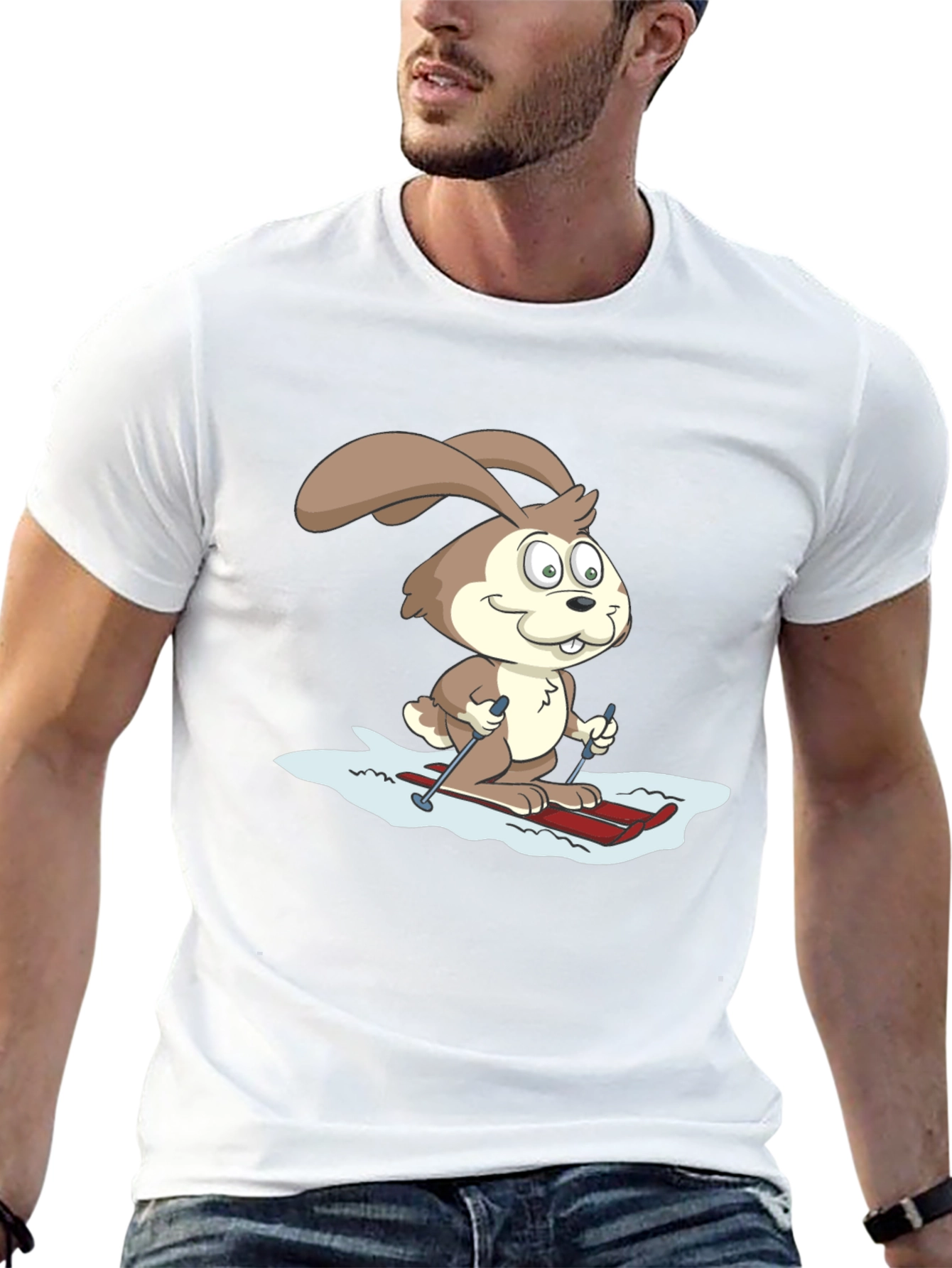 Skiing Bunny Graphic Tee - Black Cotton T-Shirt