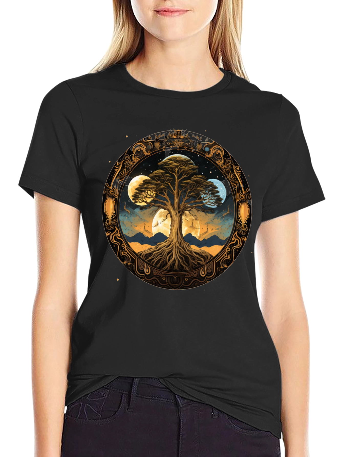 Mystic Tree Moon Phases Black T-Shirt