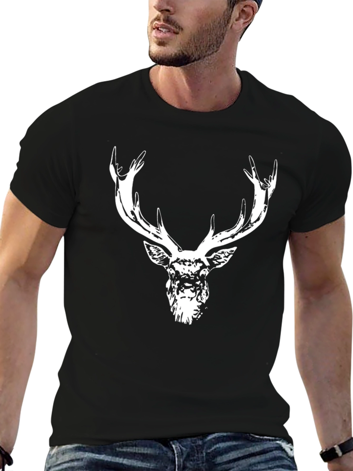 Deer Head Graphic Tee - Black Cotton Blend