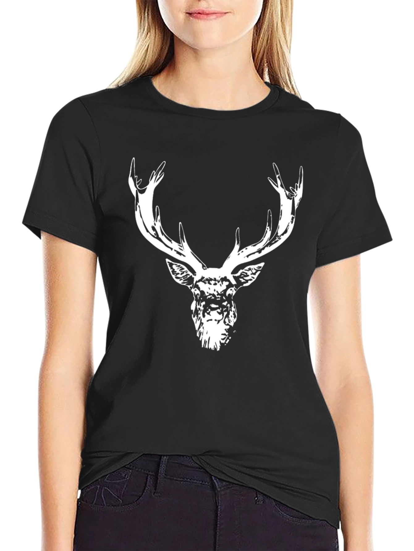Deer Head Graphic Tee - Black Cotton Blend